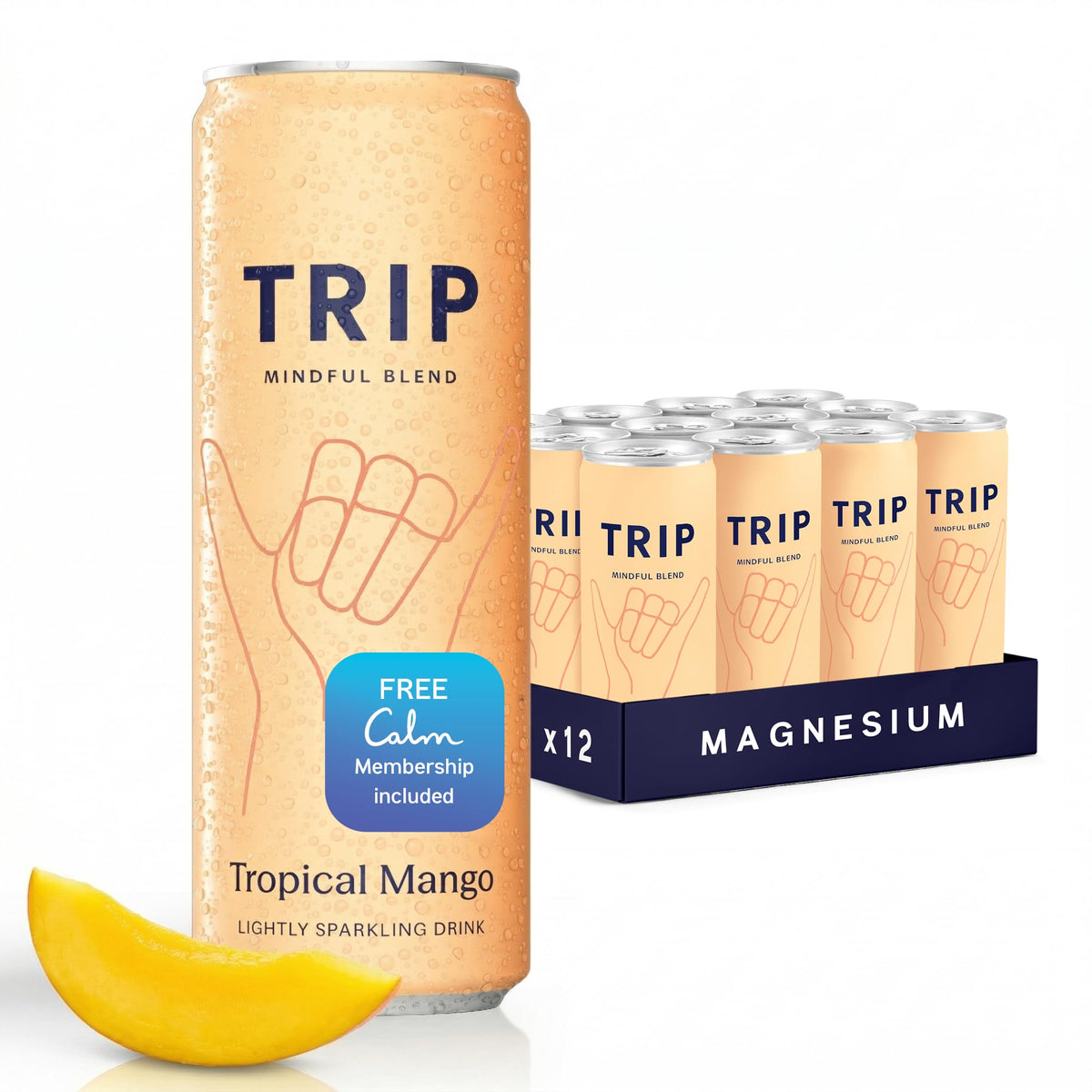 TRIP Lightly Sparkling Tropical Mango – Non-Alcoholic Adaptogen Drink with Magnesium, Ashwagandha, Lion’s Mane & L-Theanine | 12 oz Can, 12-Pack