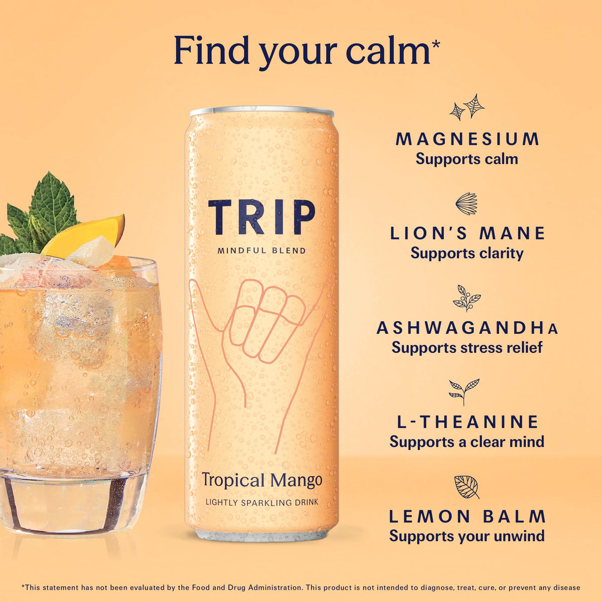 TRIP Lightly Sparkling Tropical Mango – Non-Alcoholic Adaptogen Drink with Magnesium, Ashwagandha, Lion’s Mane & L-Theanine | 12 oz Can, 12-Pack