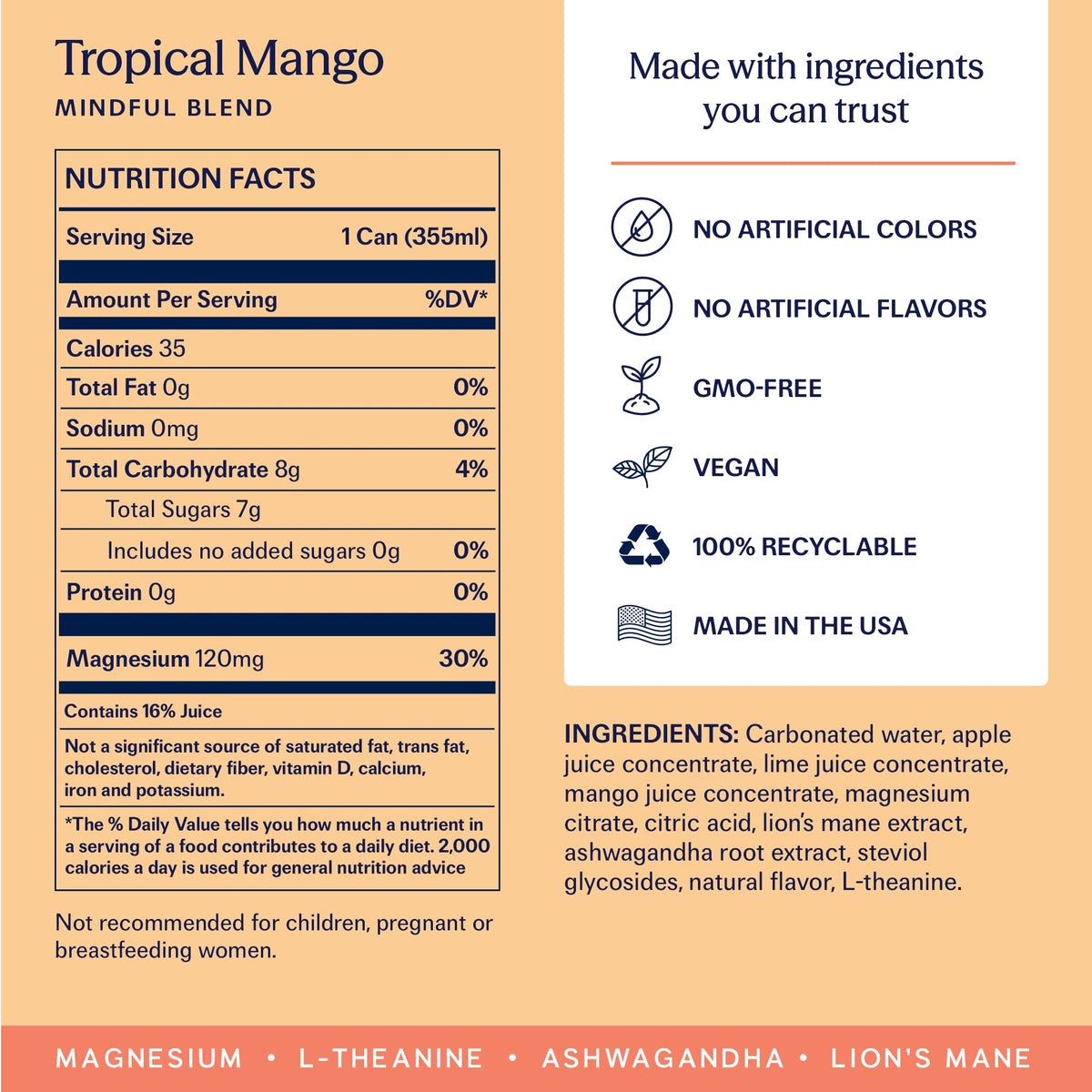 TRIP Lightly Sparkling Tropical Mango – Non-Alcoholic Adaptogen Drink with Magnesium, Ashwagandha, Lion’s Mane & L-Theanine | 12 oz Can, 12-Pack