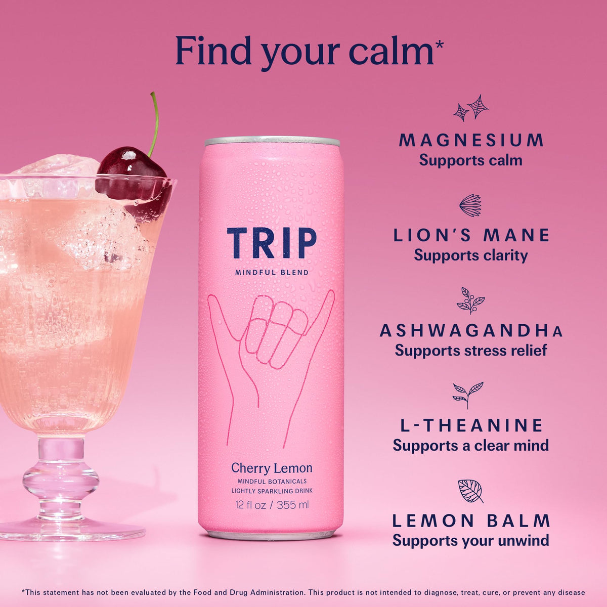 TRIP Lightly Sparkling Adaptogen Drink – Cherry Lemon | Magnesium, Ashwagandha, Lions Mane & L-Theanine, 0% ABV, 25 Calories, 12 oz, 12-Pack