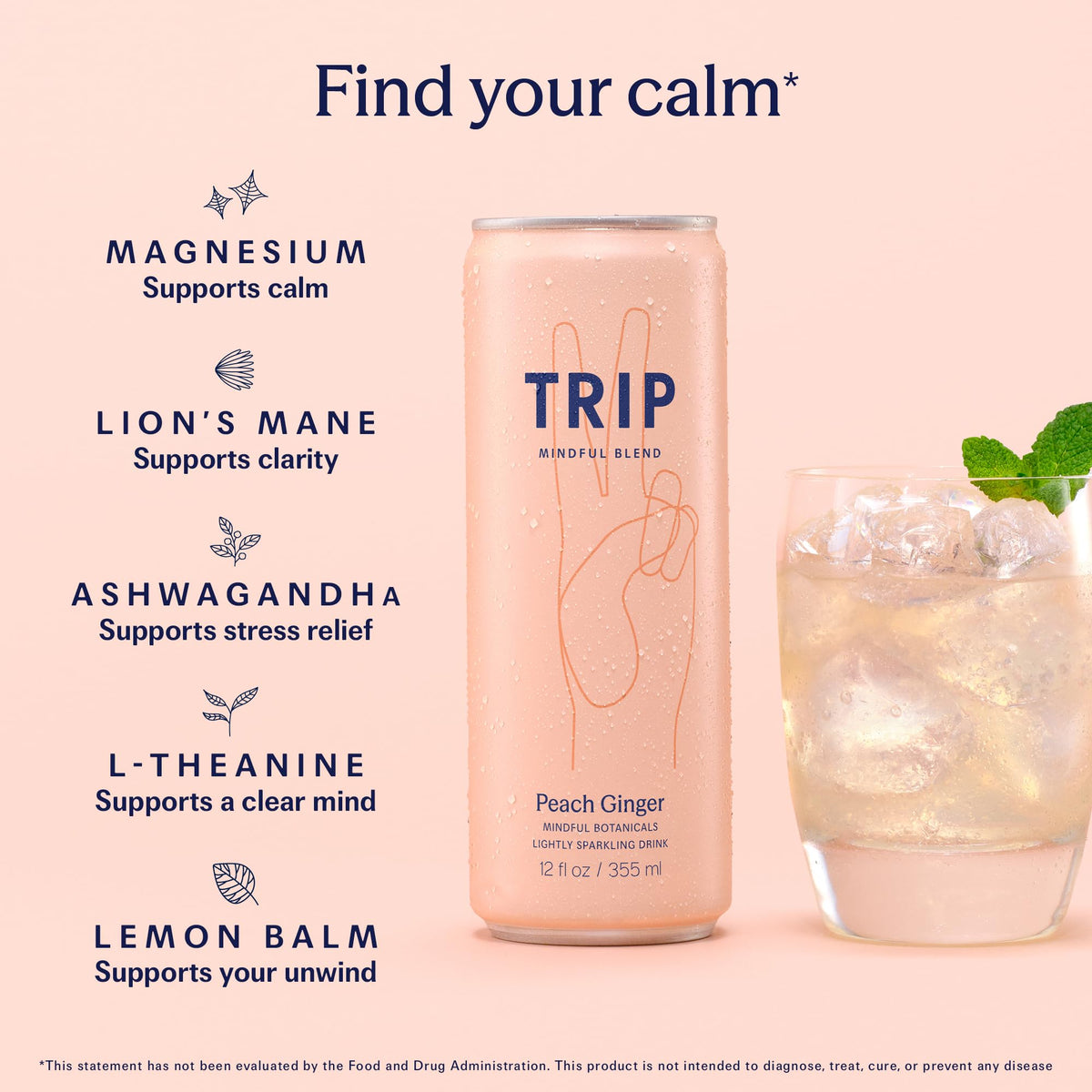 TRIP Lightly Sparkling Adaptogen Drink – Peach Ginger, No Added Sugar, 12 oz Can (12-Pack)