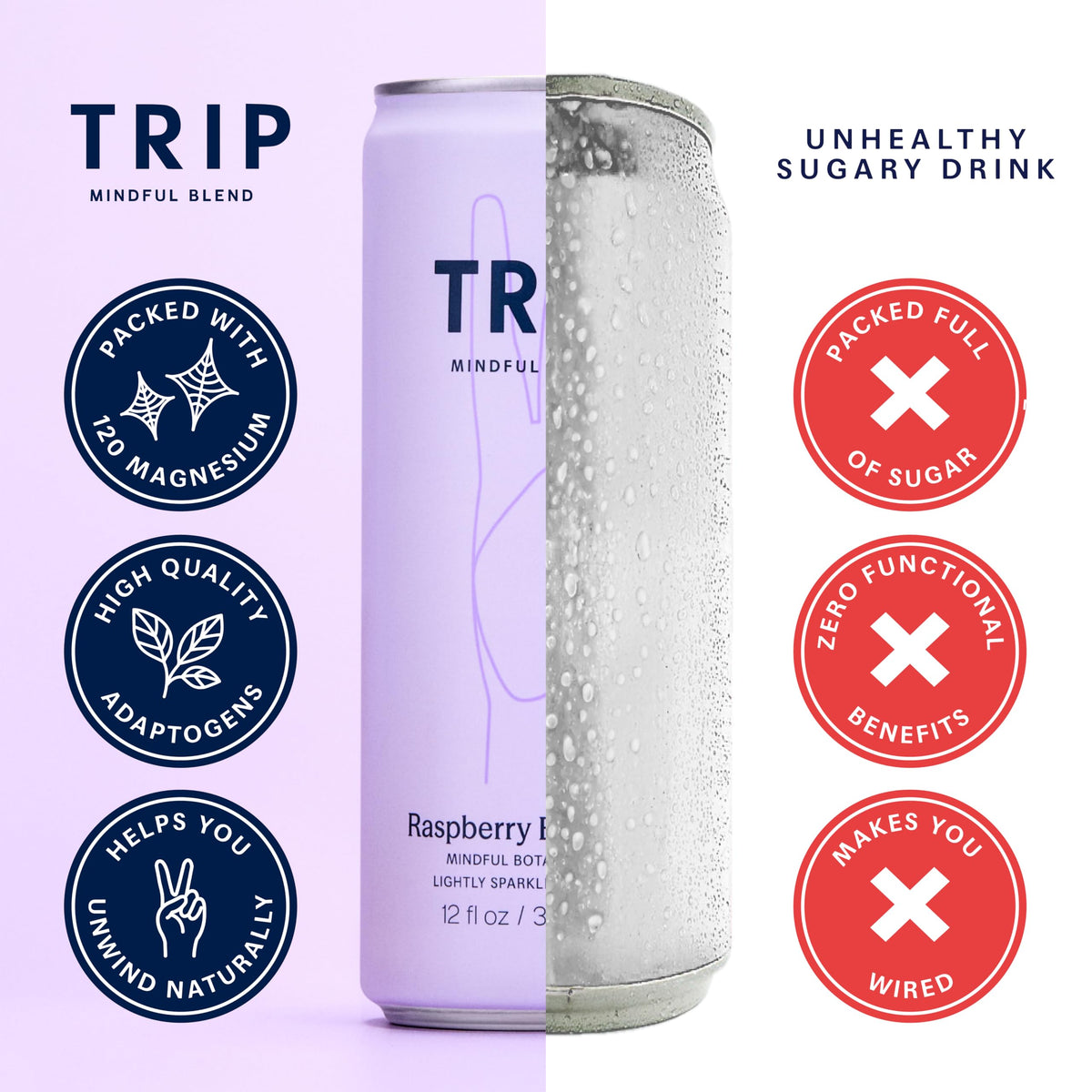 TRIP Lightly Sparkling Adaptogen Drink – Raspberry Blossom, No Added Sugar, Vegan, 12 oz, 12 Pack