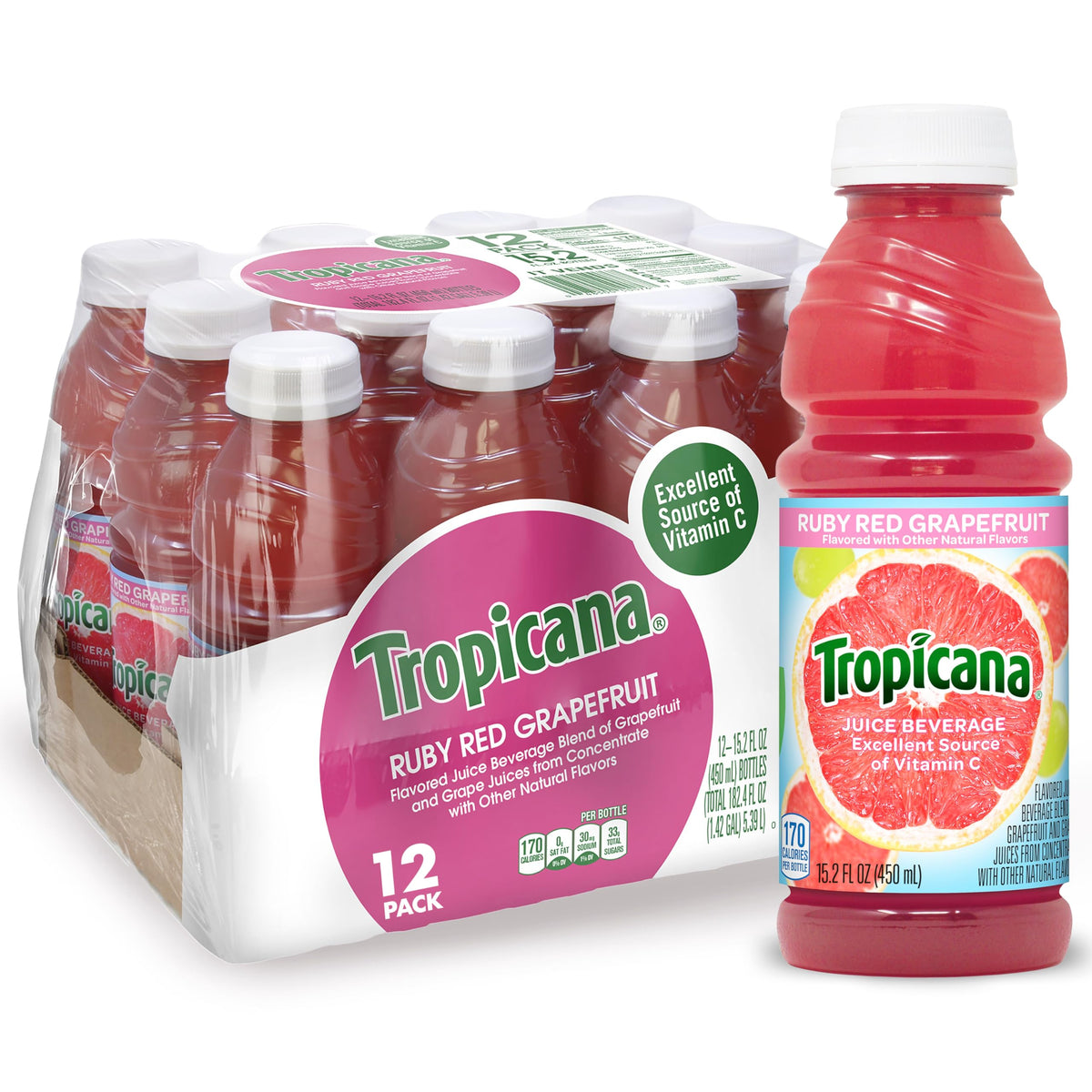 Tropicana Ruby Red Grapefruit Juice Drink – 12-Pack, 15.2 fl oz Bottles | Vitamin C