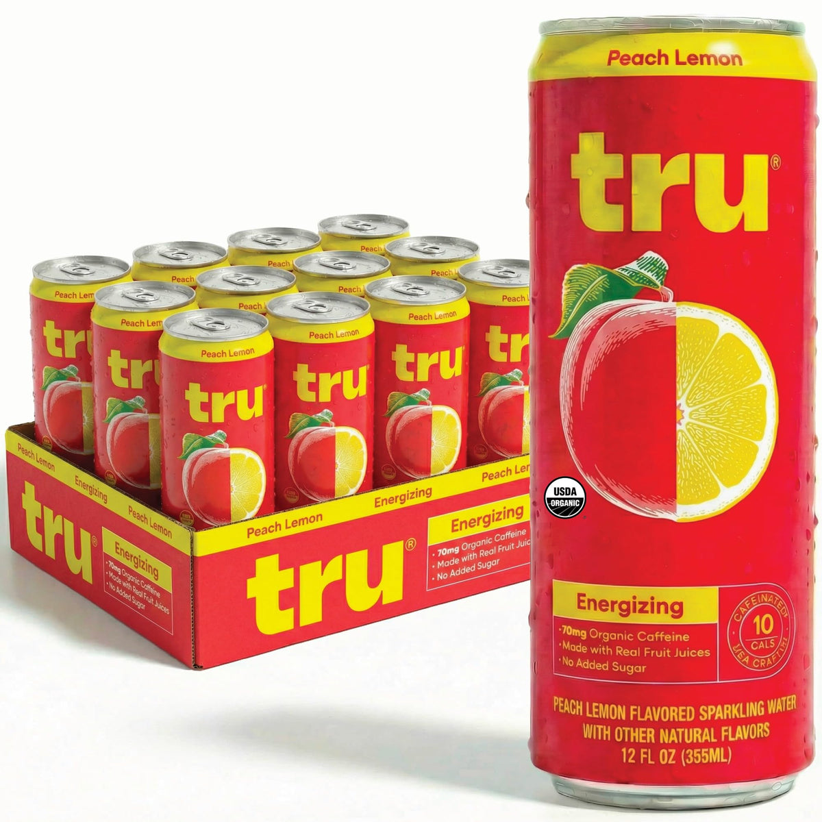 Tru Organic Energy Drink — Peach Lemon Sparkling Water with Real Fruit Juice, 70 mg Caffeine, 12 Pack
