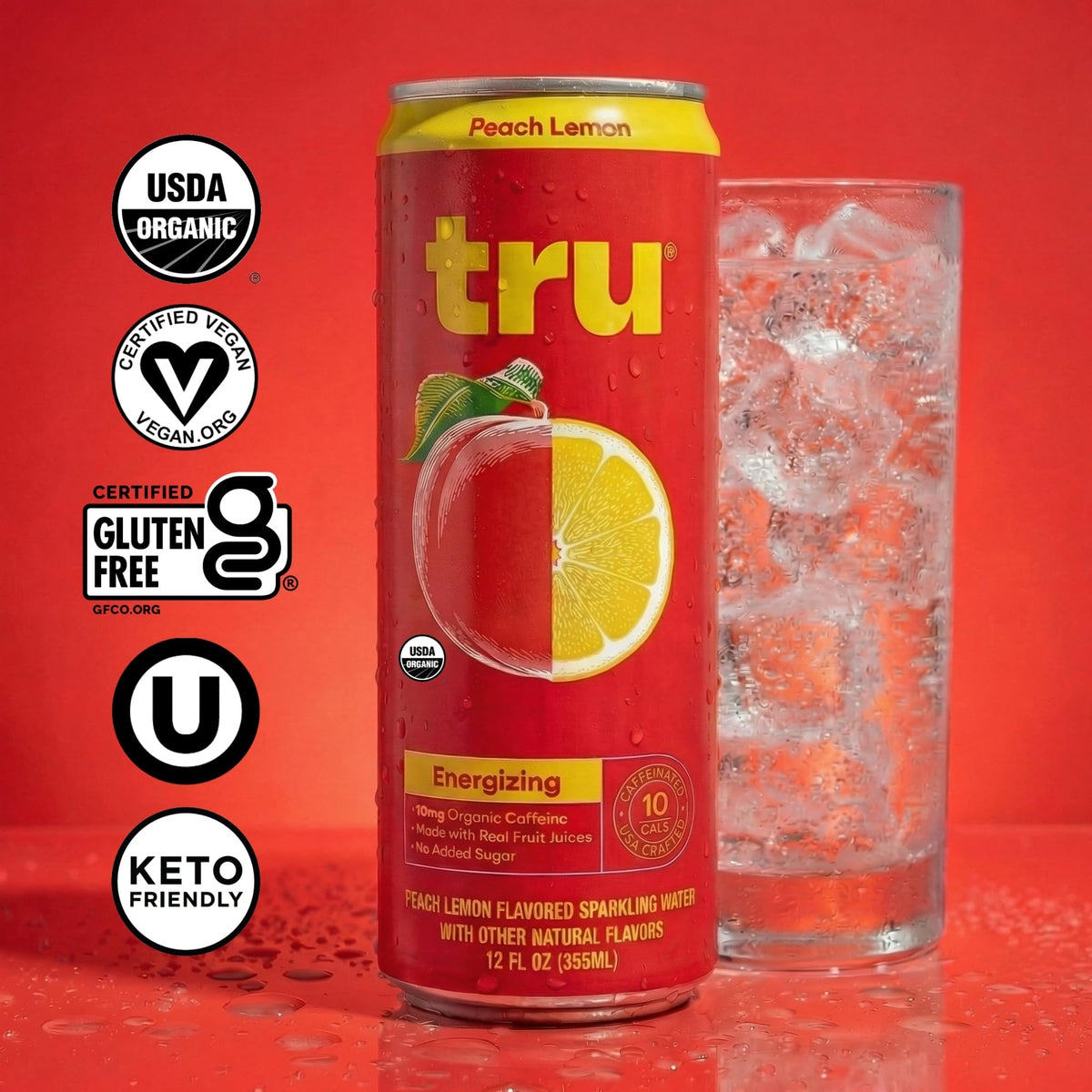 Tru Organic Energy Drink — Peach Lemon Sparkling Water with Real Fruit Juice, 70 mg Caffeine, 12 Pack