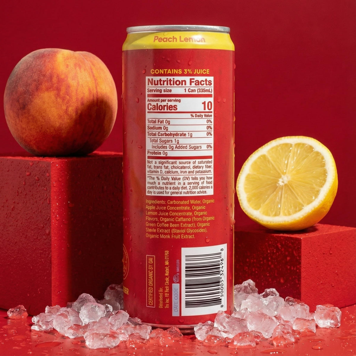 Tru Organic Energy Drink — Peach Lemon Sparkling Water with Real Fruit Juice, 70 mg Caffeine, 12 Pack