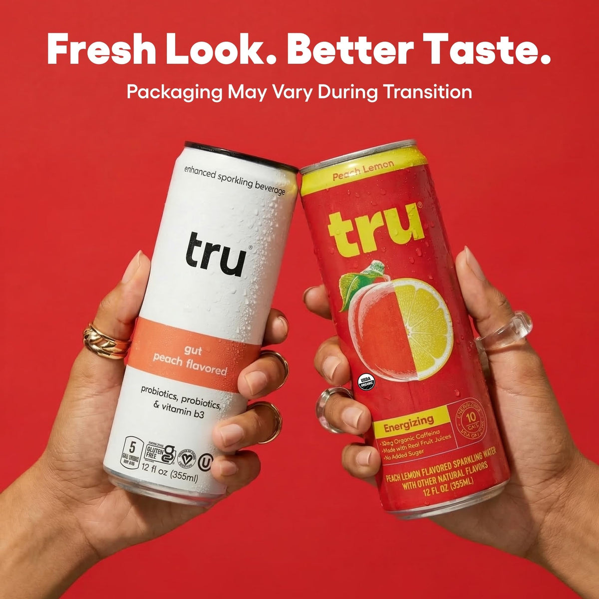 Tru Organic Energy Drink — Peach Lemon Sparkling Water with Real Fruit Juice, 70 mg Caffeine, 12 Pack