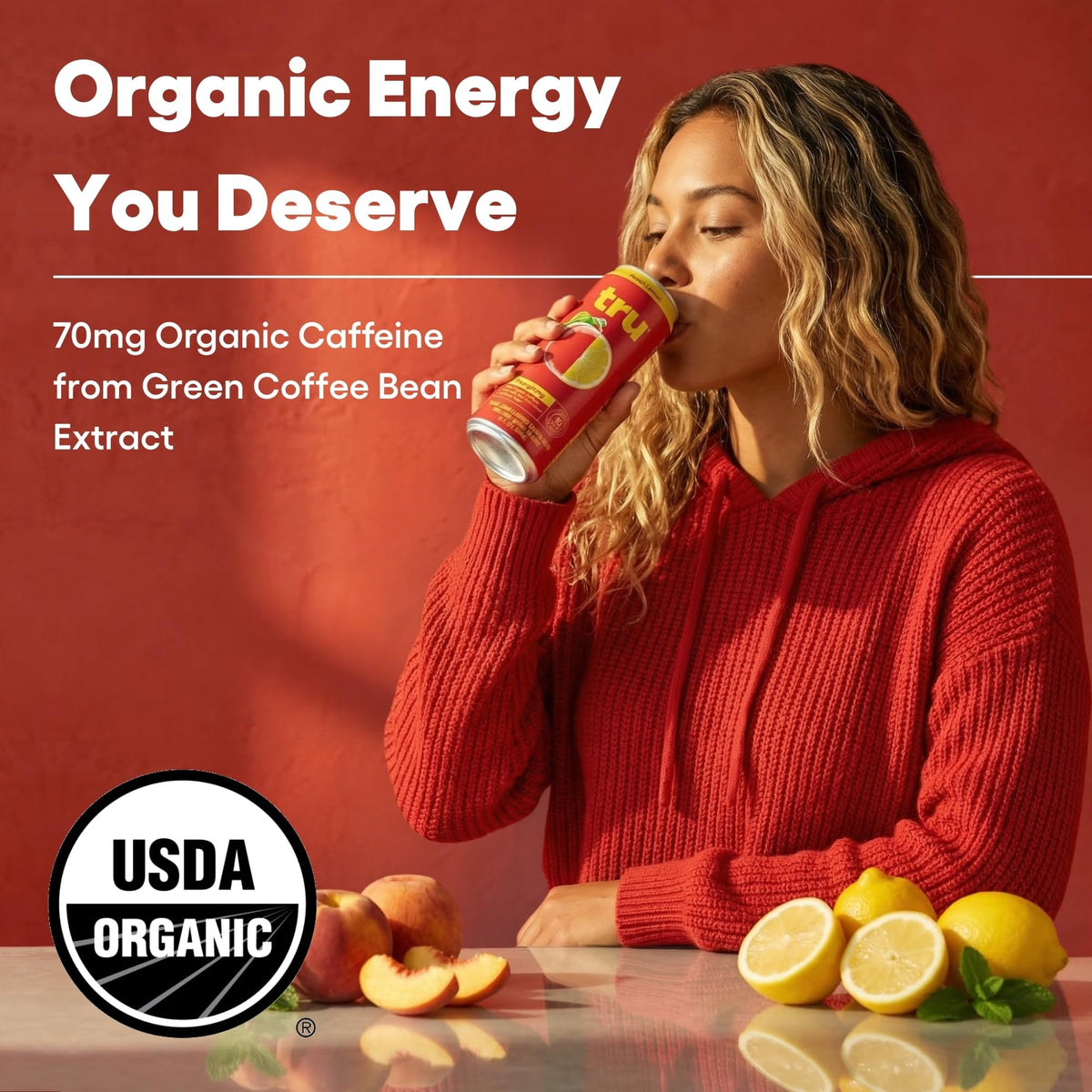 Tru Organic Energy Drink — Peach Lemon Sparkling Water with Real Fruit Juice, 70 mg Caffeine, 12 Pack
