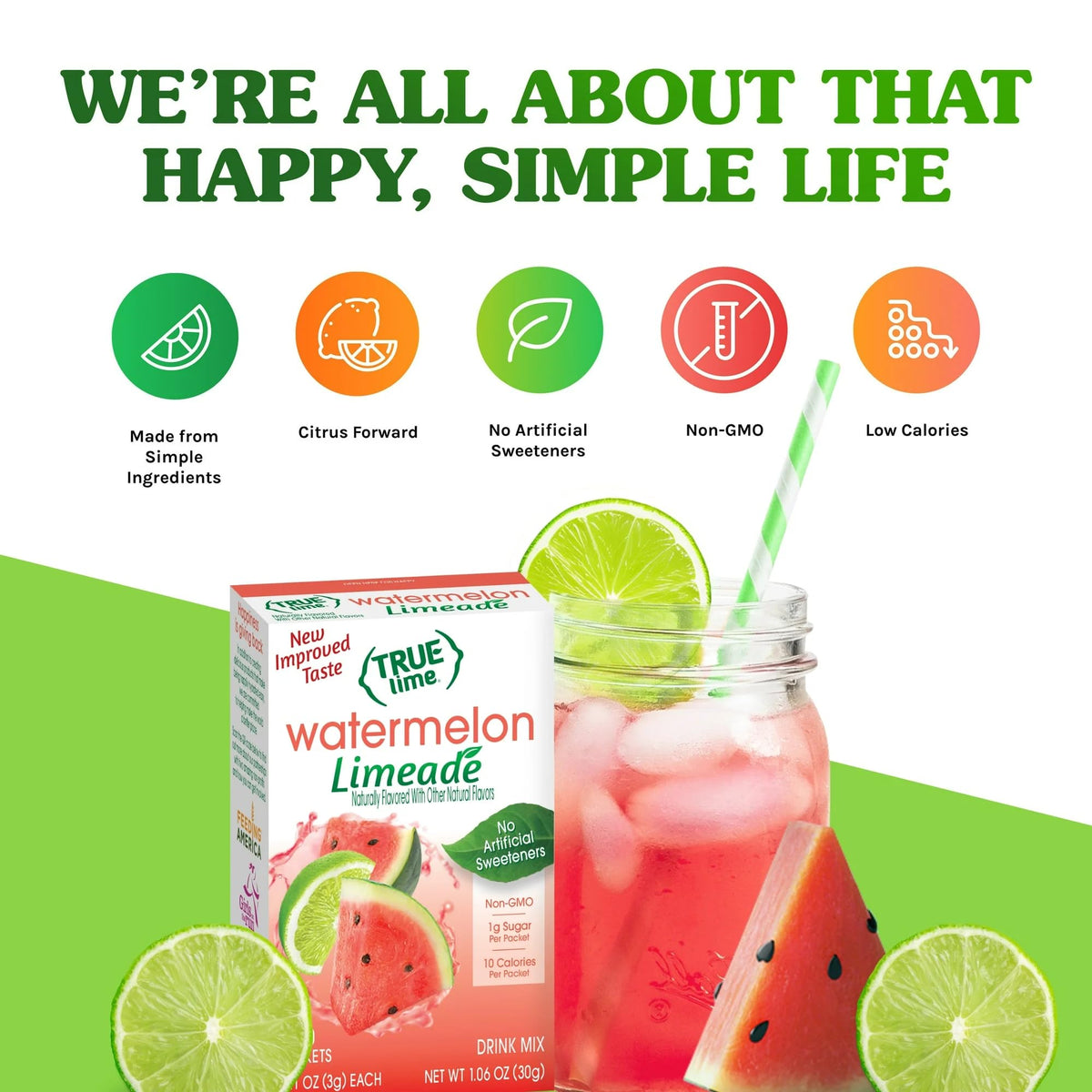True Lime Watermelon Limeade Drink Mix – Pack of 6 (60 Packets) | 10 Calories per Packet, Natural Stevia