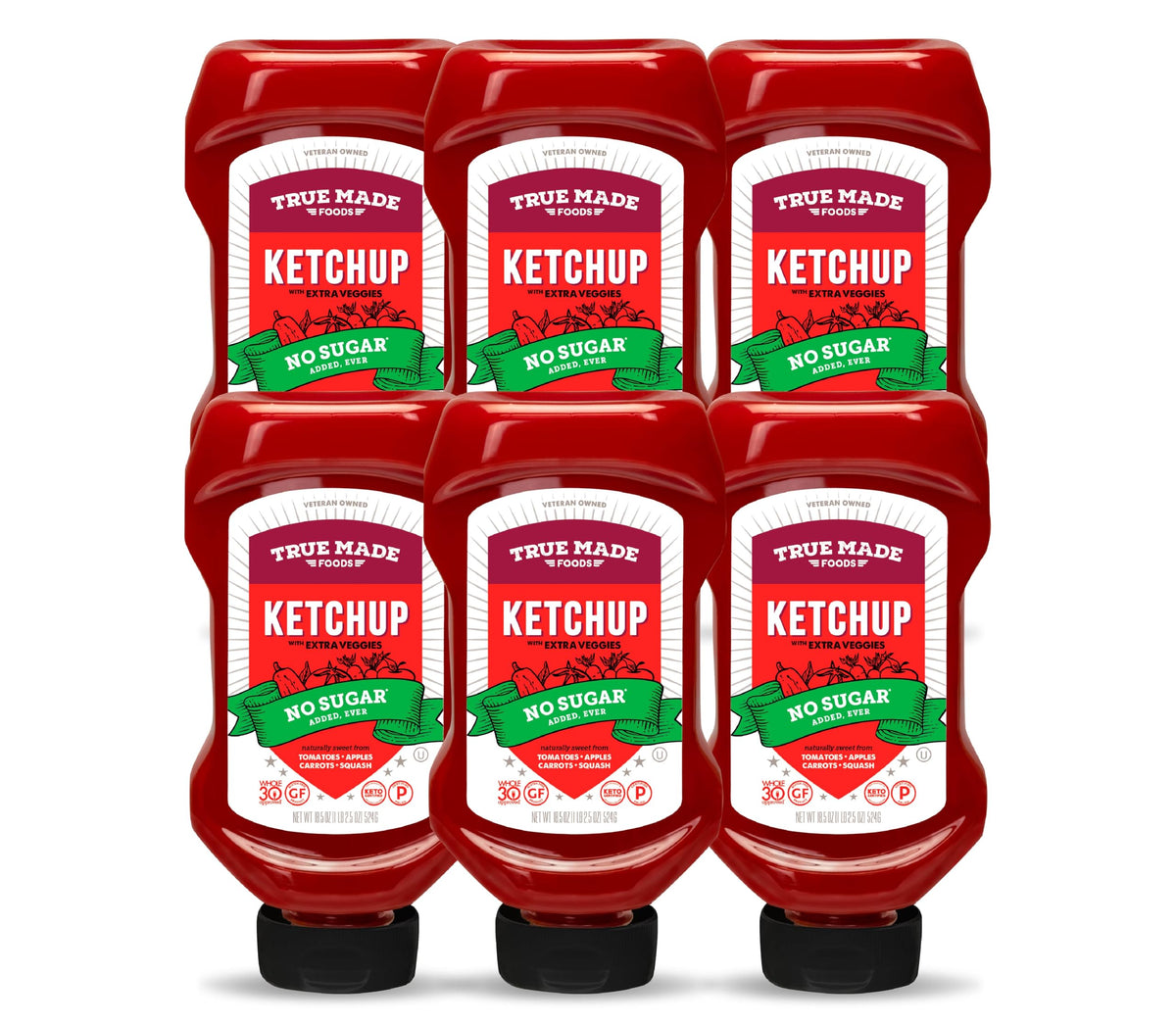 True Made Foods Ketchup - No Sugar Added, Vegan, Keto & Paleo, 18.5 oz Pack of 6