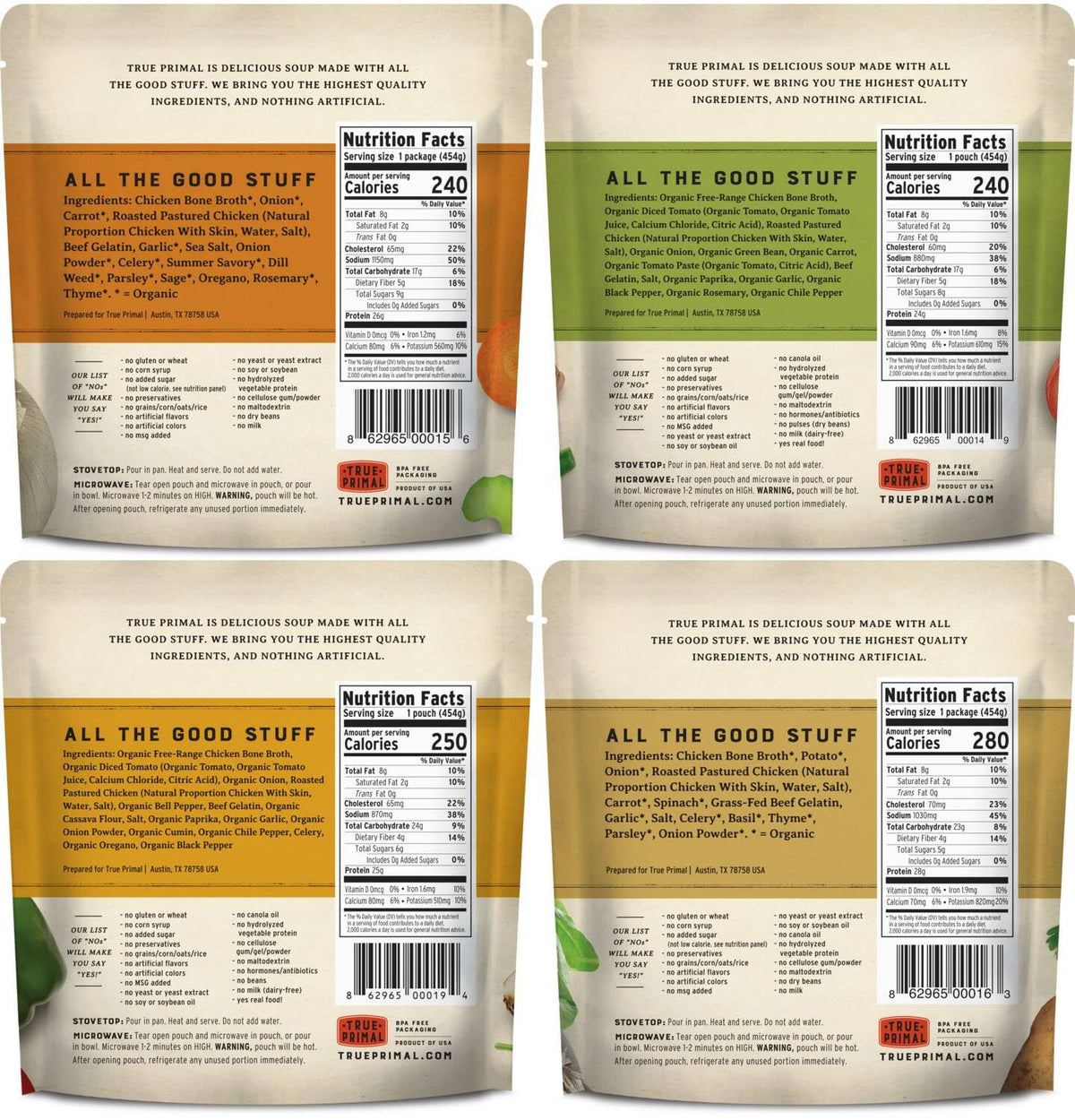 True Primal Souper Chicken Variety 8-Pack - Ready to Eat, Gluten Free, Paleo