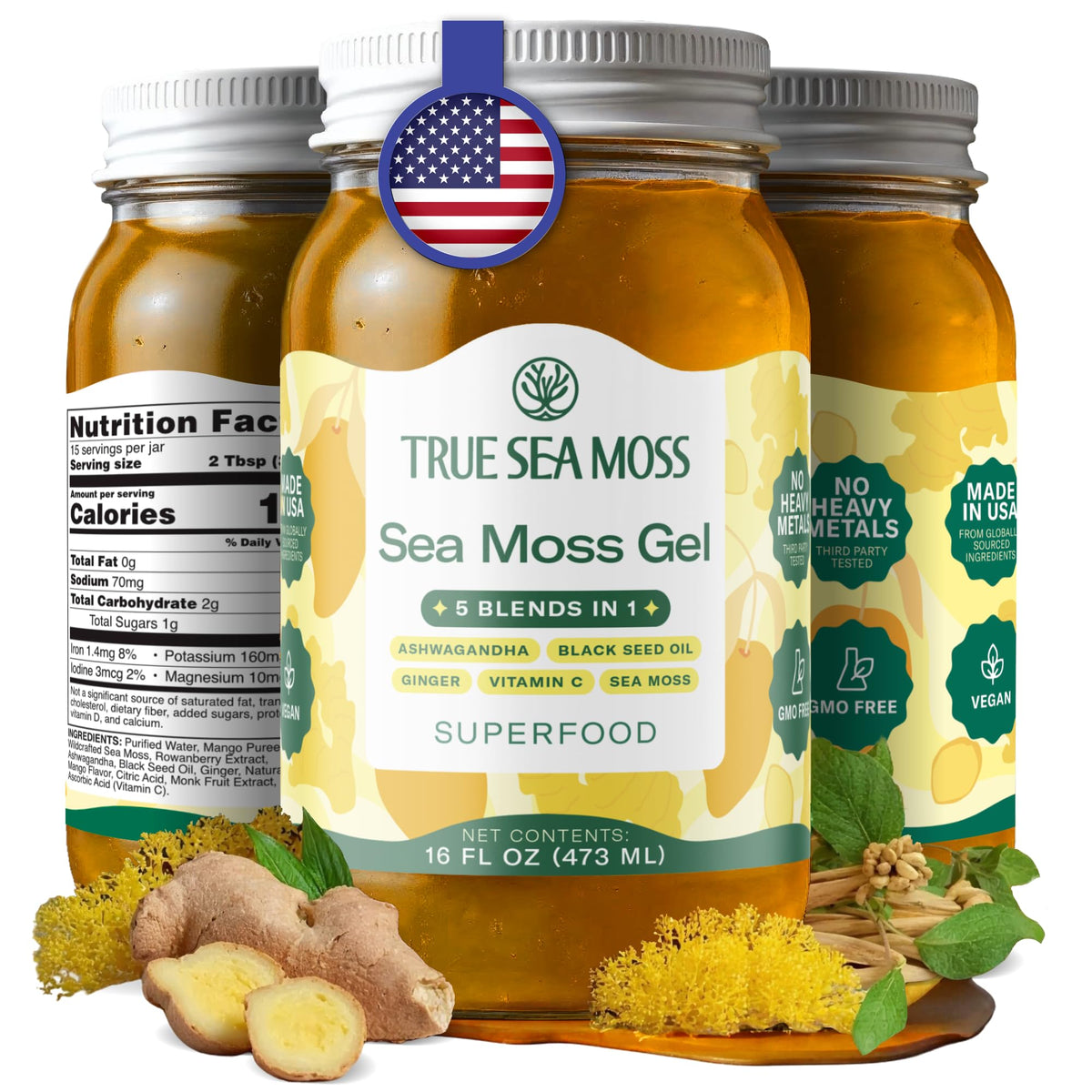 TrueSeaMoss Sea Moss Gel – 5-in-1 Formula, USA Made, Wildcrafted Sea Moss + Ashwagandha