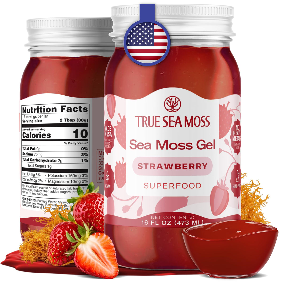 TrueSeaMoss Wildcrafted Irish Sea Moss Gel – Strawberry, USA Made