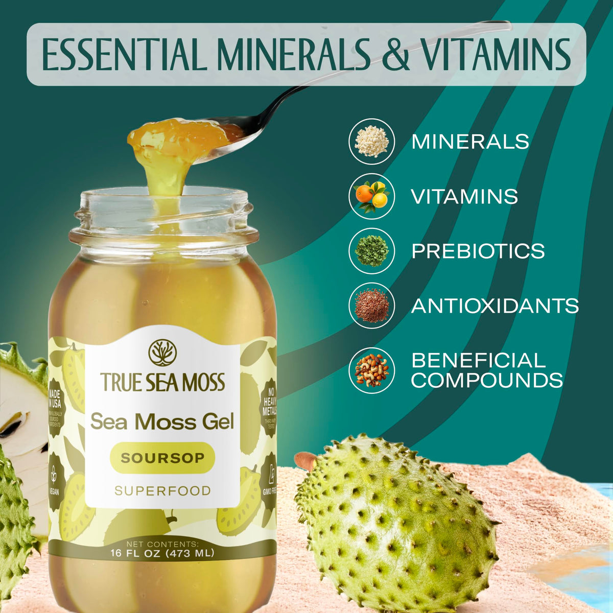 TrueSeaMoss Sea Moss Gel – USA Made, Wildcrafted Seamoss with Soursop, 16oz Jar