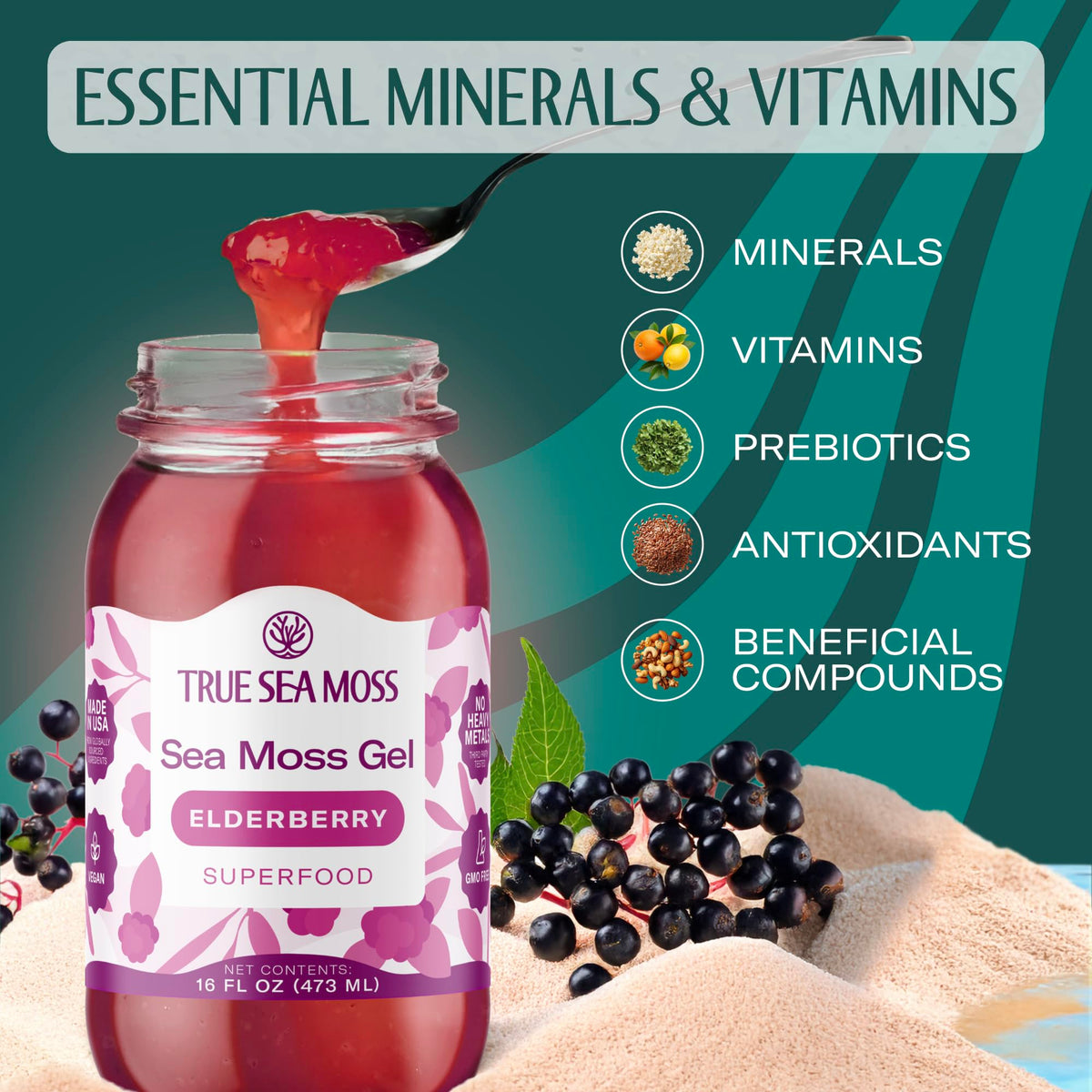 TrueSeaMoss Sea Moss Gel with Elderberry – USA Made, 16oz
