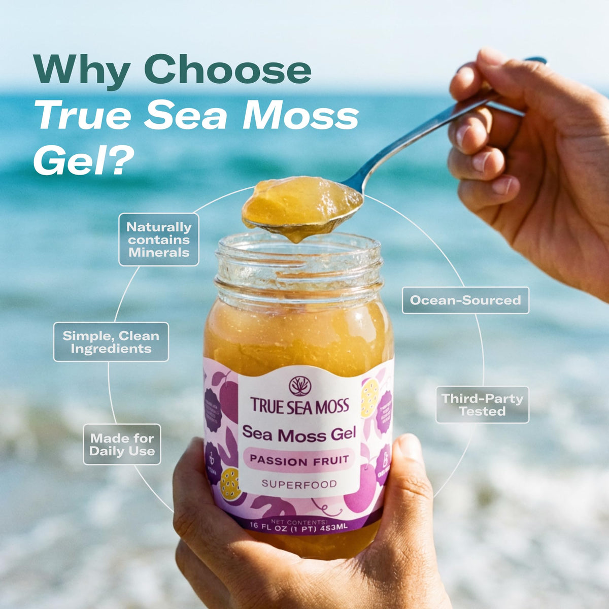 TrueSeaMoss Sea Moss Gel – Passion Fruit, USA Made, Wildcrafted Seamoss – 16oz Jar