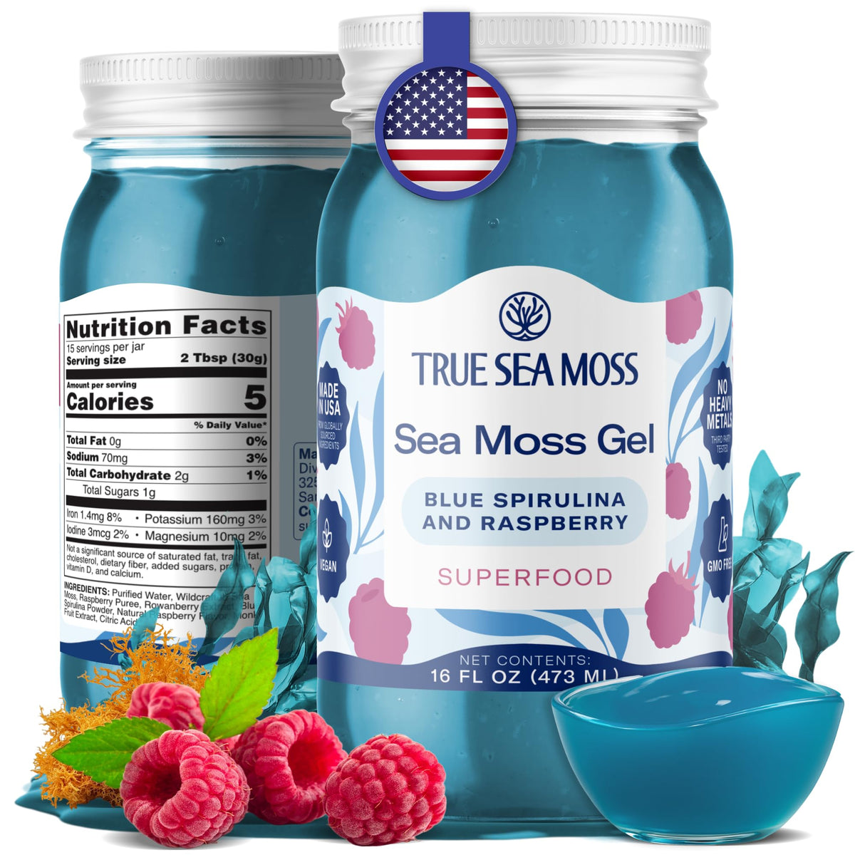 TrueSeaMoss Sea Moss Gel – USA Made, Wildcrafted Seamoss, Blue Spirulina, Pack of 1