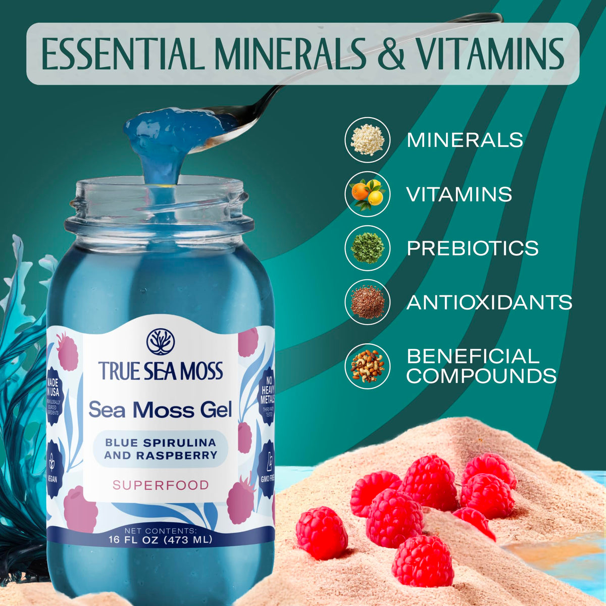 TrueSeaMoss Sea Moss Gel – USA Made, Wildcrafted Seamoss, Blue Spirulina, Pack of 1