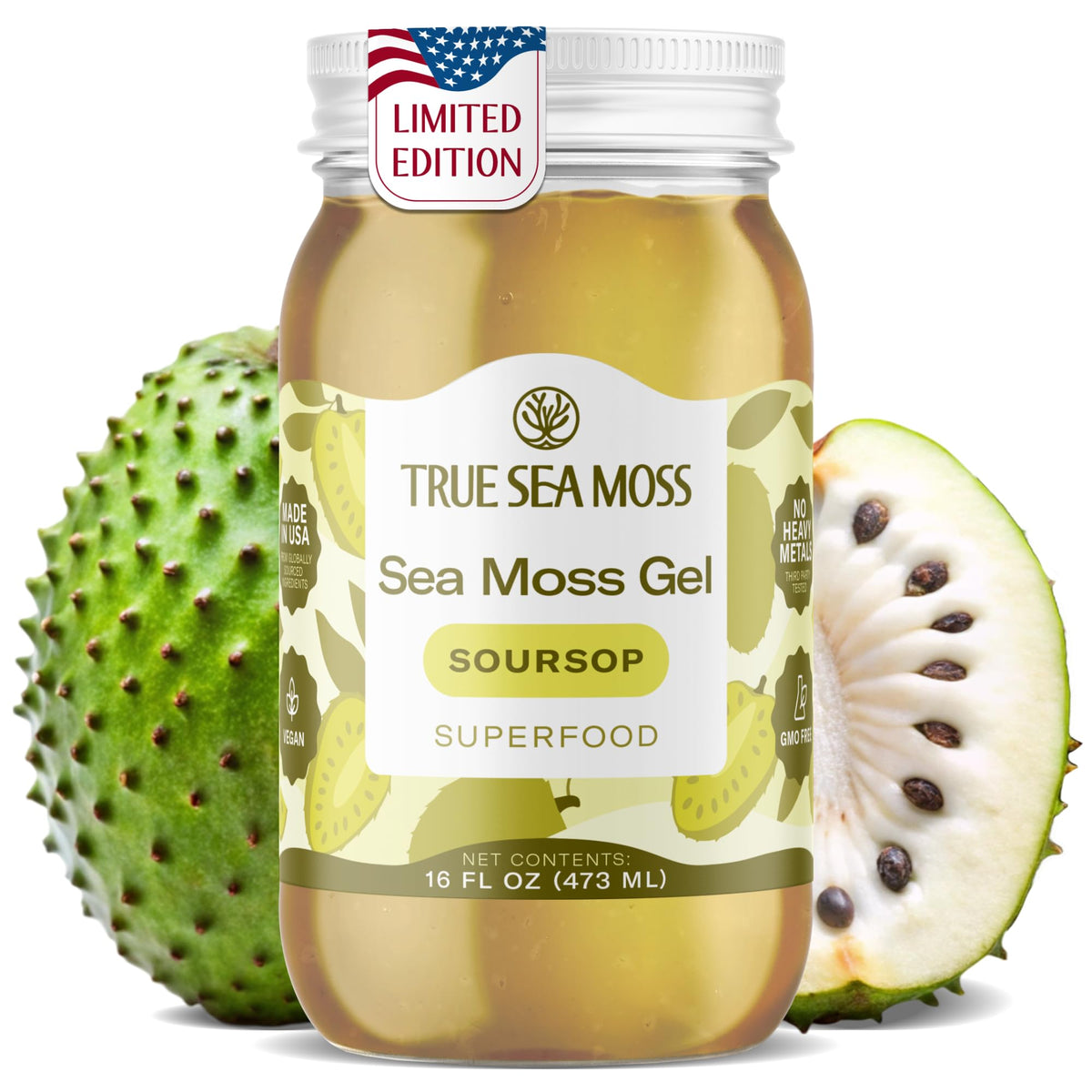 TrueSeaMoss Sea Moss Gel – USA Made, Wildcrafted Seamoss with Soursop, 16oz Jar