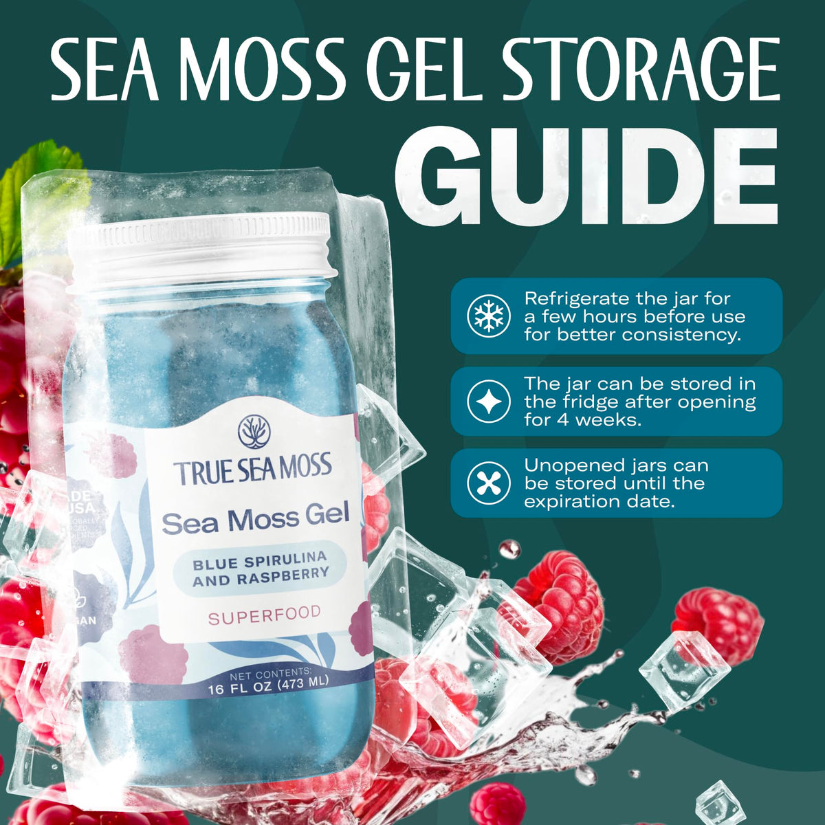 TrueSeaMoss Sea Moss Gel – USA Made, Wildcrafted Seamoss with Raspberry & Blue Spirulina (Pack of 1)