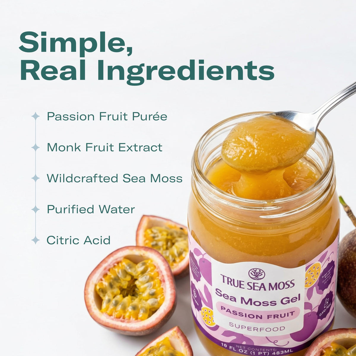 TrueSeaMoss Sea Moss Gel – Passion Fruit, USA Made, Wildcrafted Seamoss – 16oz Jar