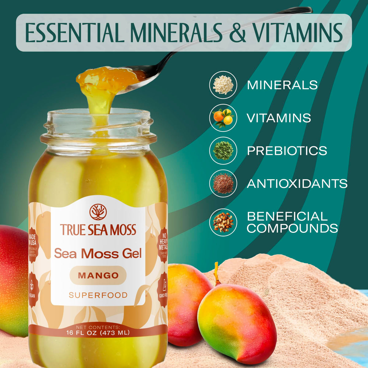 TrueSeaMoss Sea Moss Gel – Mango Flavor, USA Made, 16oz Jar