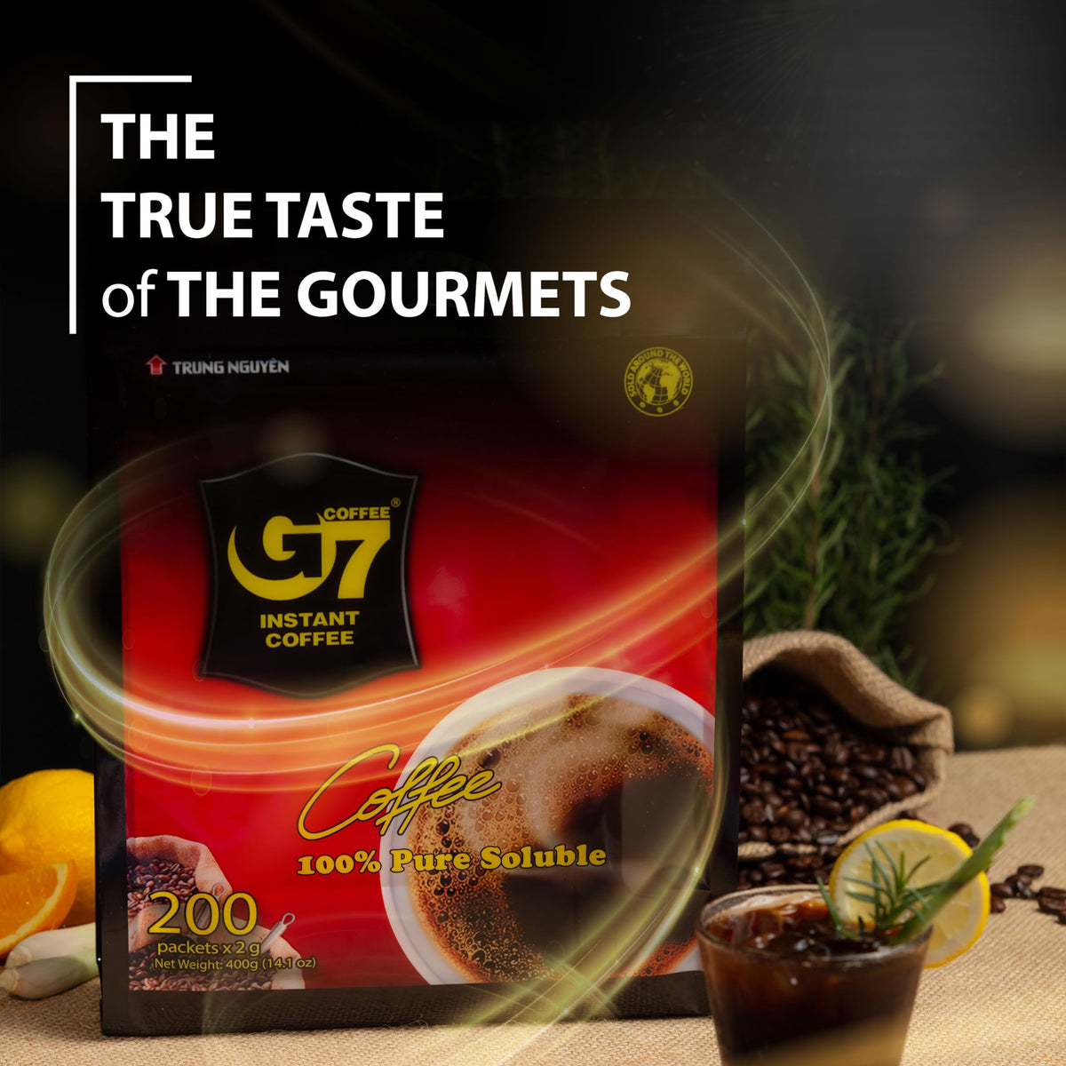 TRUNG NGUYEN G7 Pure Black Instant Coffee — 100% Soluble, Sugar-Free, Bold Vietnamese Coffee (200 Sachets per Bag)