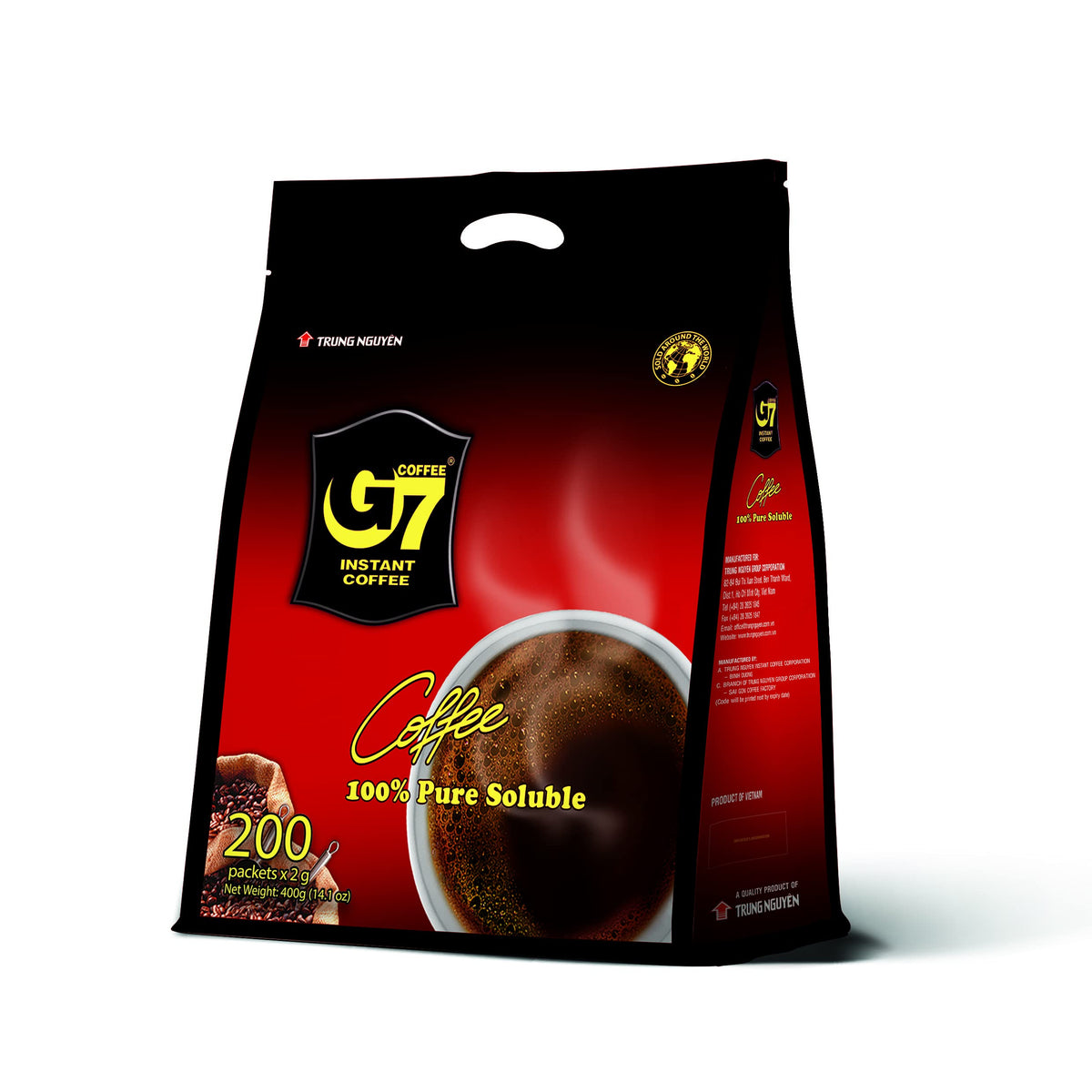 TRUNG NGUYEN G7 Pure Black Instant Coffee — 100% Soluble, Sugar-Free, Bold Vietnamese Coffee (200 Sachets per Bag)