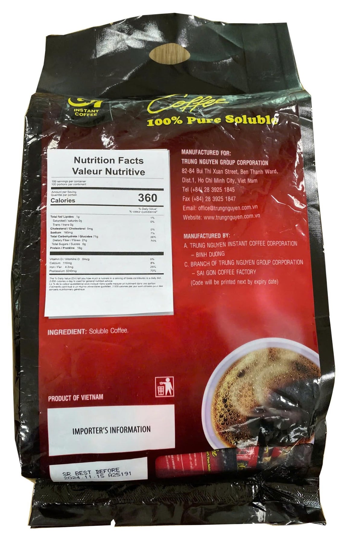 TRUNG NGUYEN G7 Pure Black Instant Coffee — 100% Soluble, Sugar-Free, Bold Vietnamese Coffee (200 Sachets per Bag)