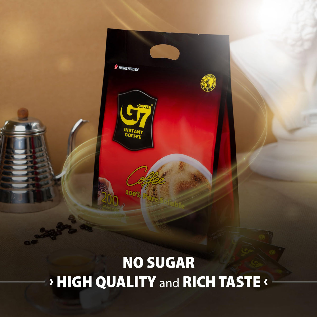 TRUNG NGUYEN G7 Pure Black Instant Coffee — 100% Soluble, Sugar-Free, Bold Vietnamese Coffee (200 Sachets per Bag)