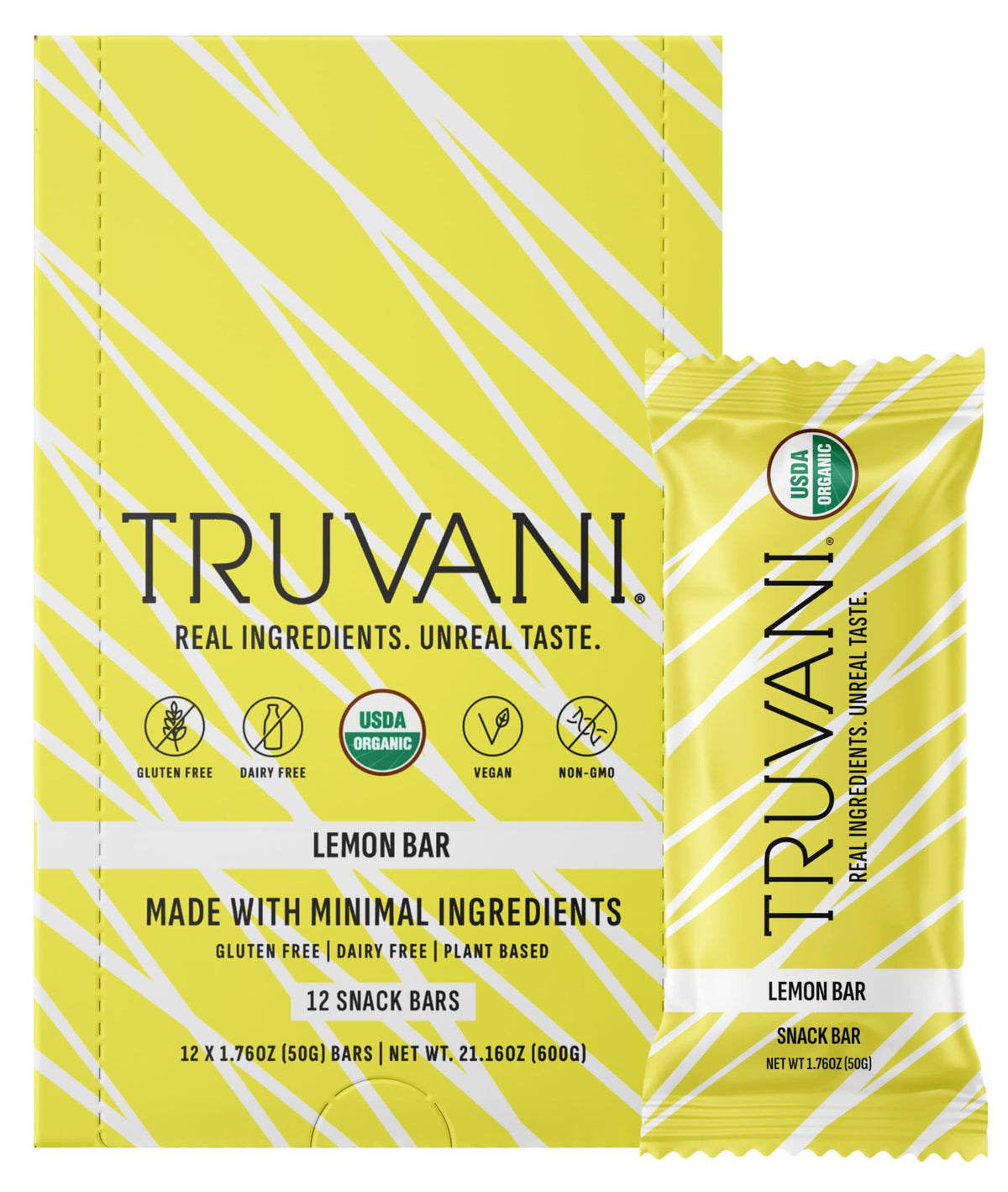 Truvani Lemon Bar 12 Pack – Plant-Based, 6g Protein, USDA Organic & Vegan | Dairy, Gluten & Soy Free