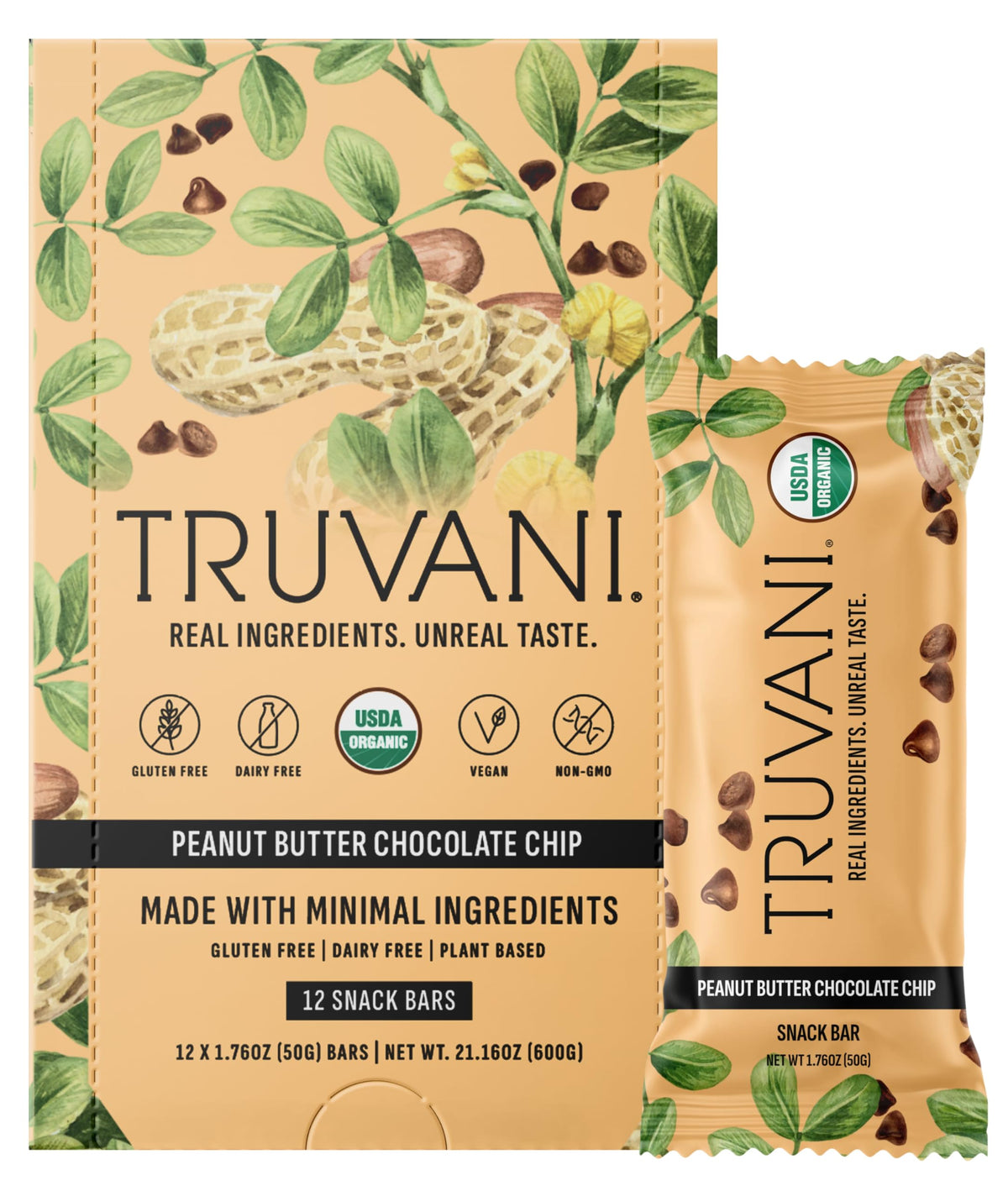 Truvani Plant-Based Peanut Butter Chocolate Chip Snack Bars — 12 Pack, 8g Protein, USDA Organic, Vegan, Gluten-Free