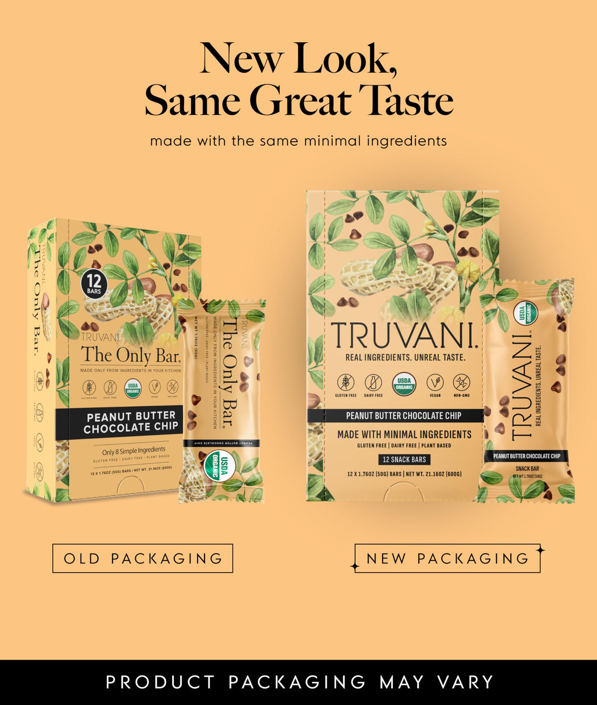 Truvani Plant-Based Peanut Butter Chocolate Chip Snack Bars — 12 Pack, 8g Protein, USDA Organic, Vegan, Gluten-Free