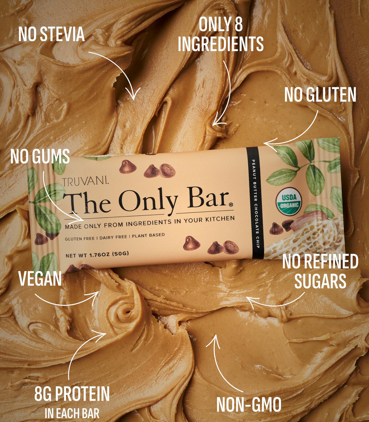 Truvani Plant-Based Peanut Butter Chocolate Chip Snack Bars — 12 Pack, 8g Protein, USDA Organic, Vegan, Gluten-Free