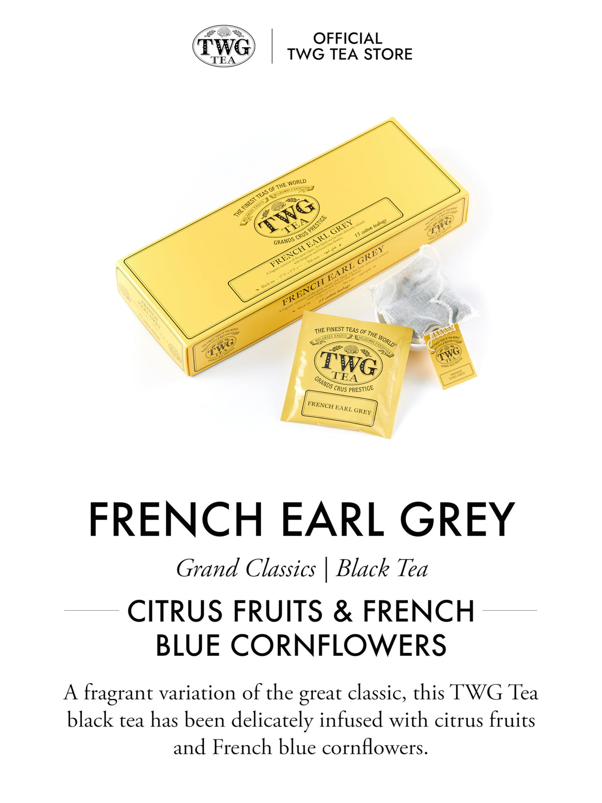 TWG Tea French Earl Grey Gift Set – Black Tea with Citrus & Blue Cornflowers | 15 Hand Sewn Cotton Teabags