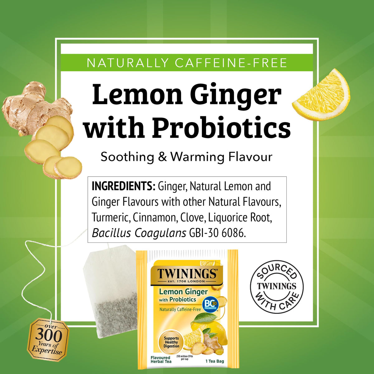 Twinings Lemon & Ginger with Probiotics — Caffeine-Free Herbal Tea, Digestive Support, 108 Bags