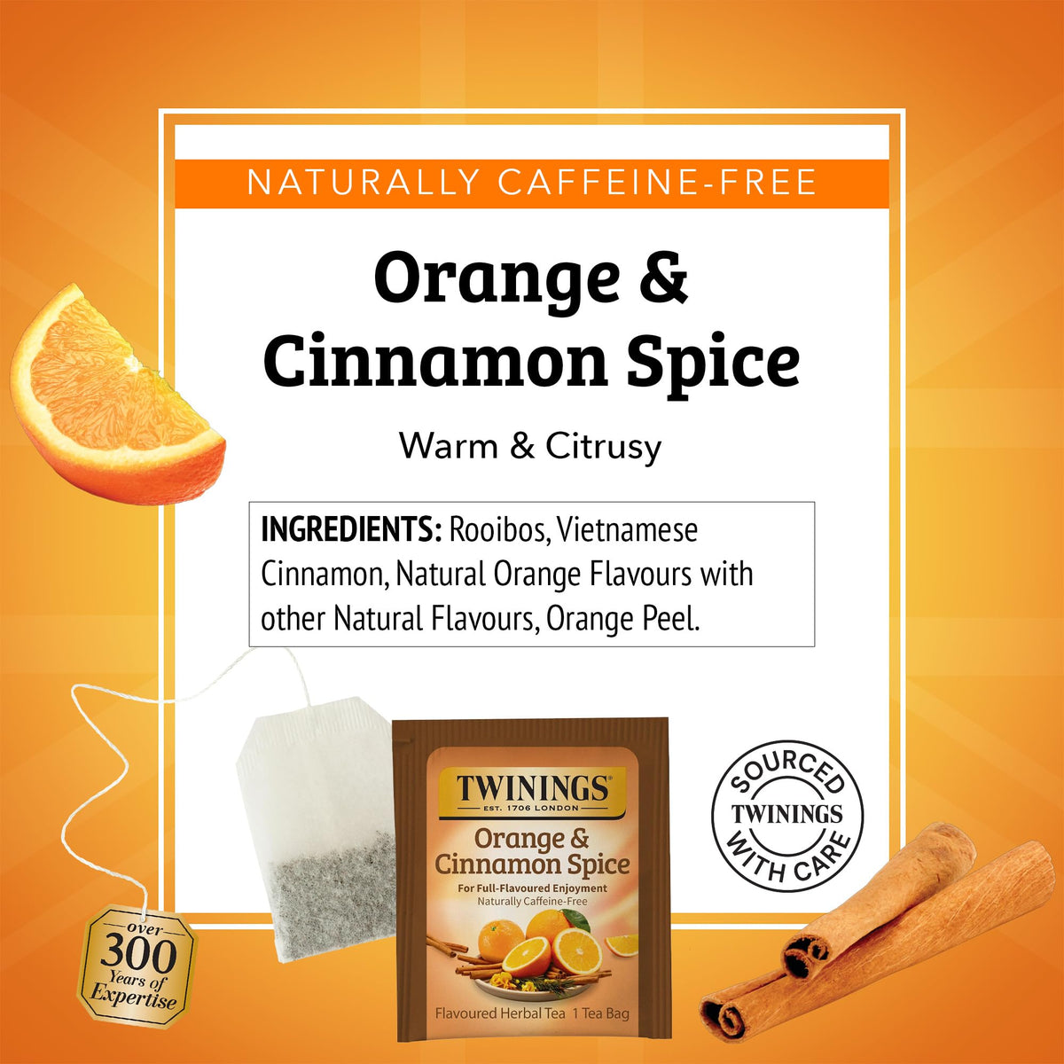 Twinings Orange & Cinnamon Spice Herbal Tea, Individually Wrapped Bags – Naturally Caffeine-Free, 120 Bags (Pack of 6)