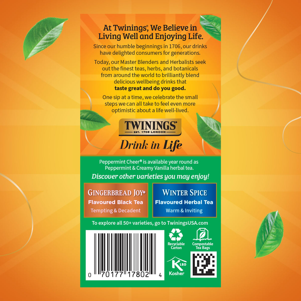 Twinings Peppermint Cheer Herbal Tea – Vanilla Peppermint Infusion, Caffeine-Free, 120 Bags (Pack of 6)