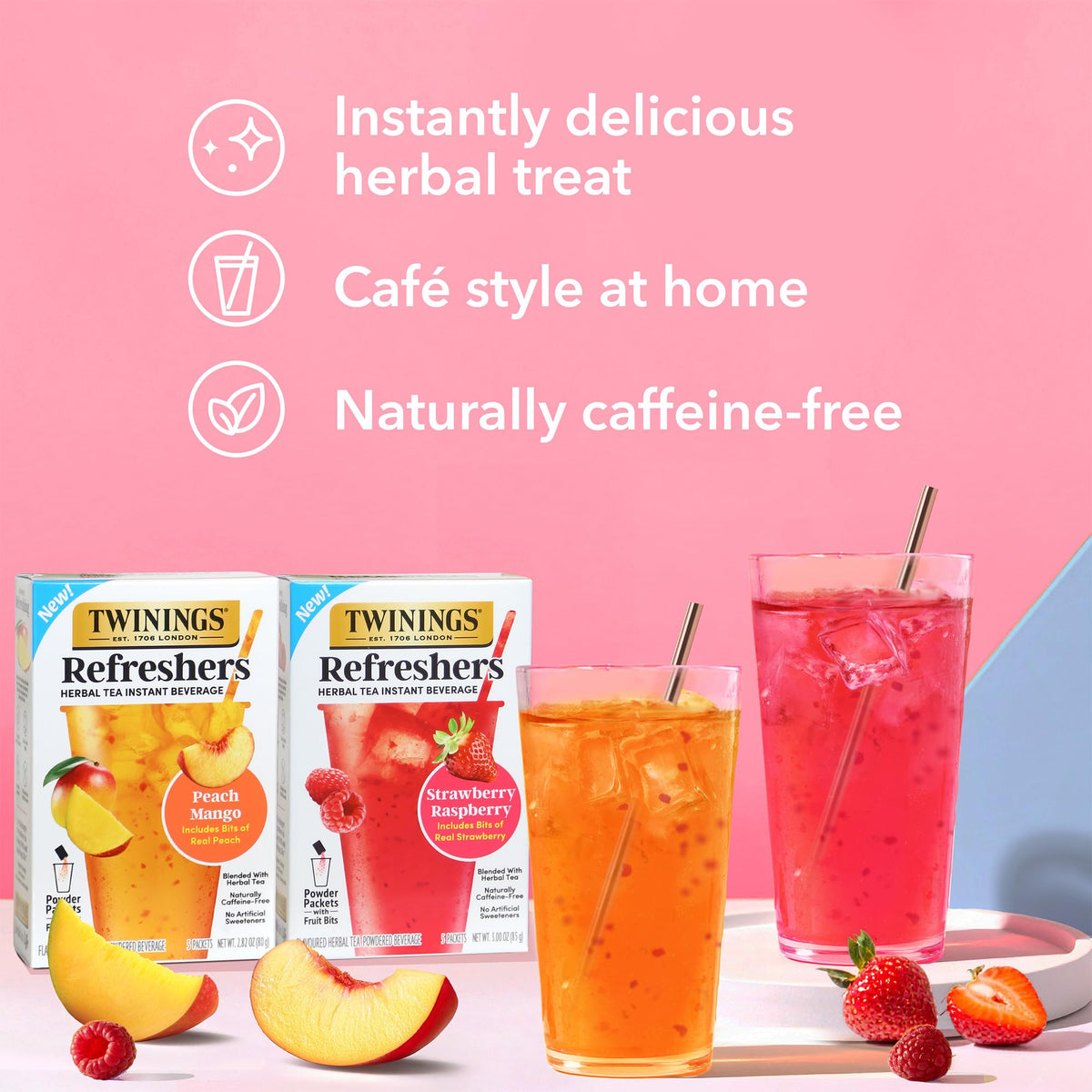 Twinings Strawberry Raspberry Refreshers – Café-Style, Naturally Caffeine-Free Herbal Tea, 30 Packets