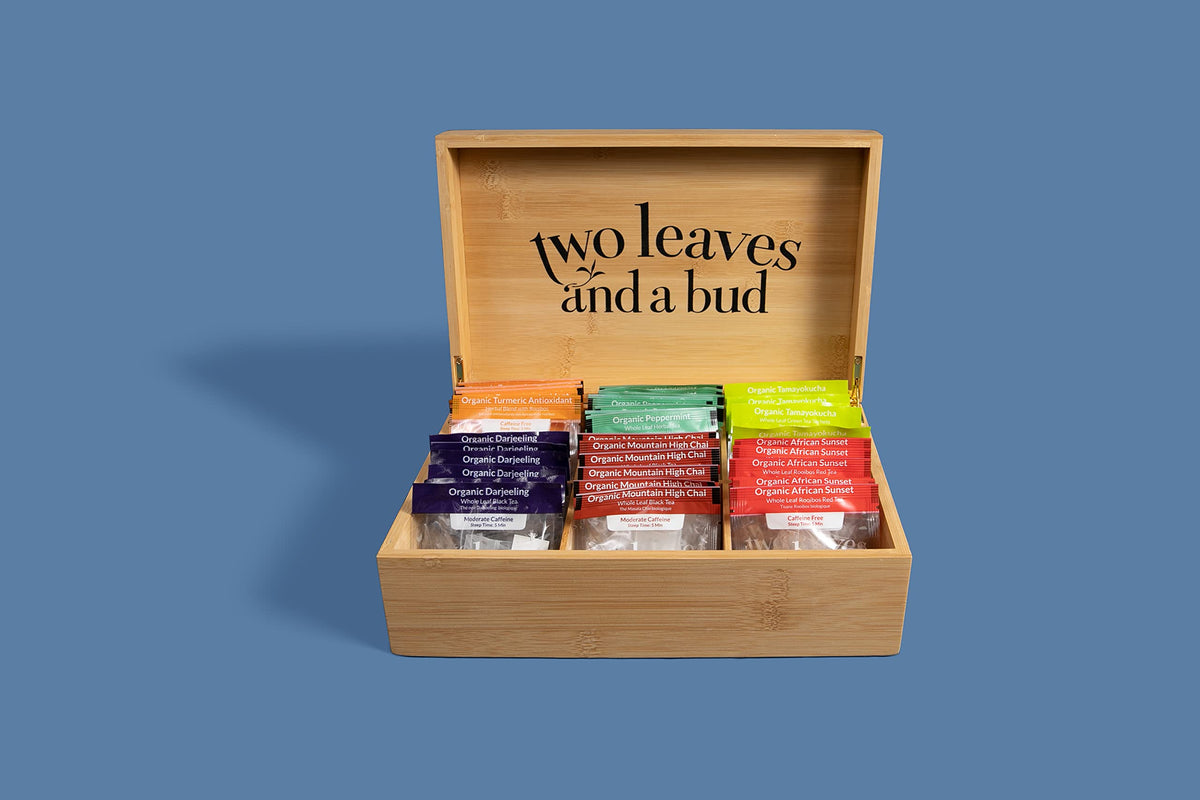 Two Leaves and a Bud Organic Tea Sampler – 6-Slot Bamboo Gift Box (Green, Black & Herbal Teas)