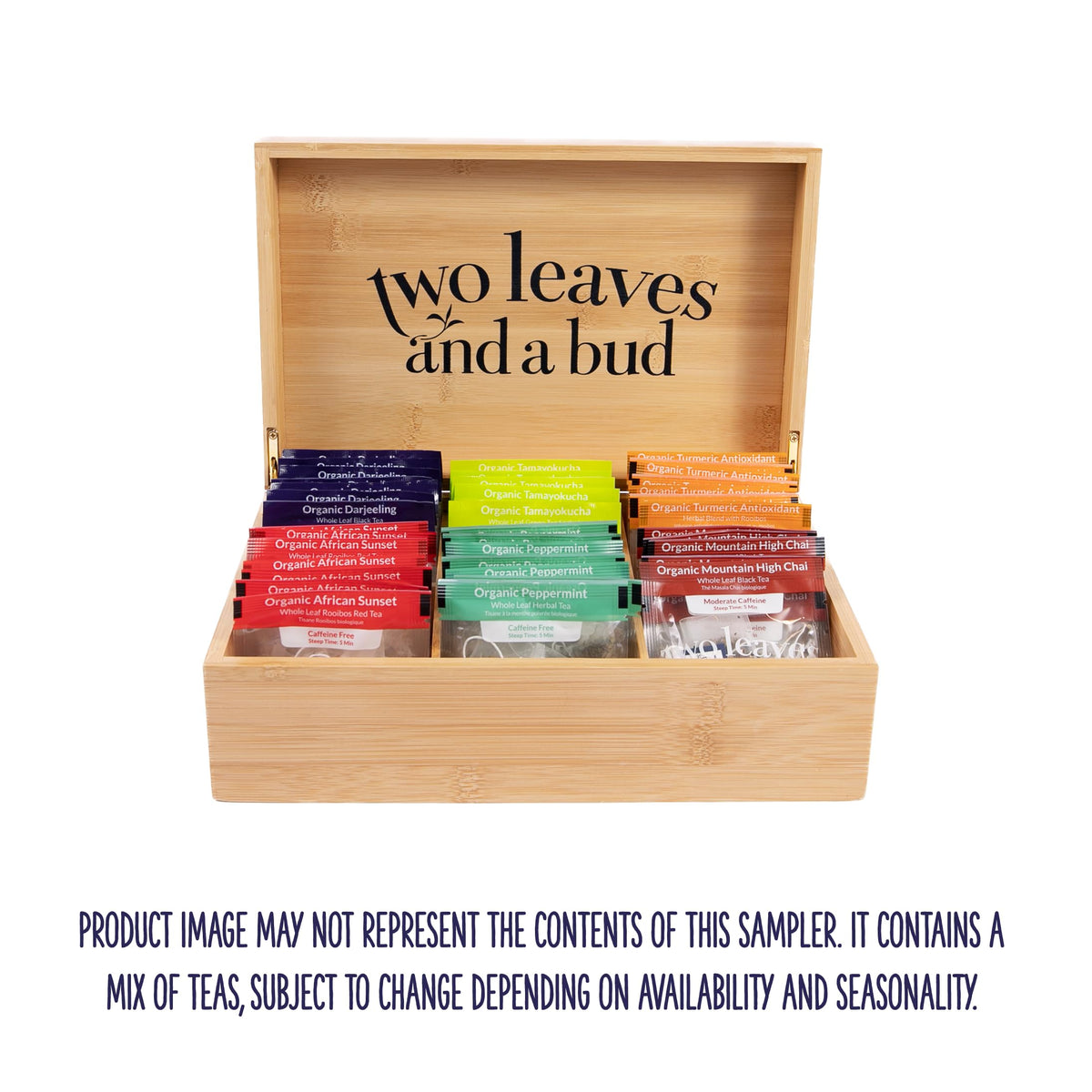 Two Leaves and a Bud Organic Tea Sampler – 6-Slot Bamboo Gift Box (Green, Black & Herbal Teas)