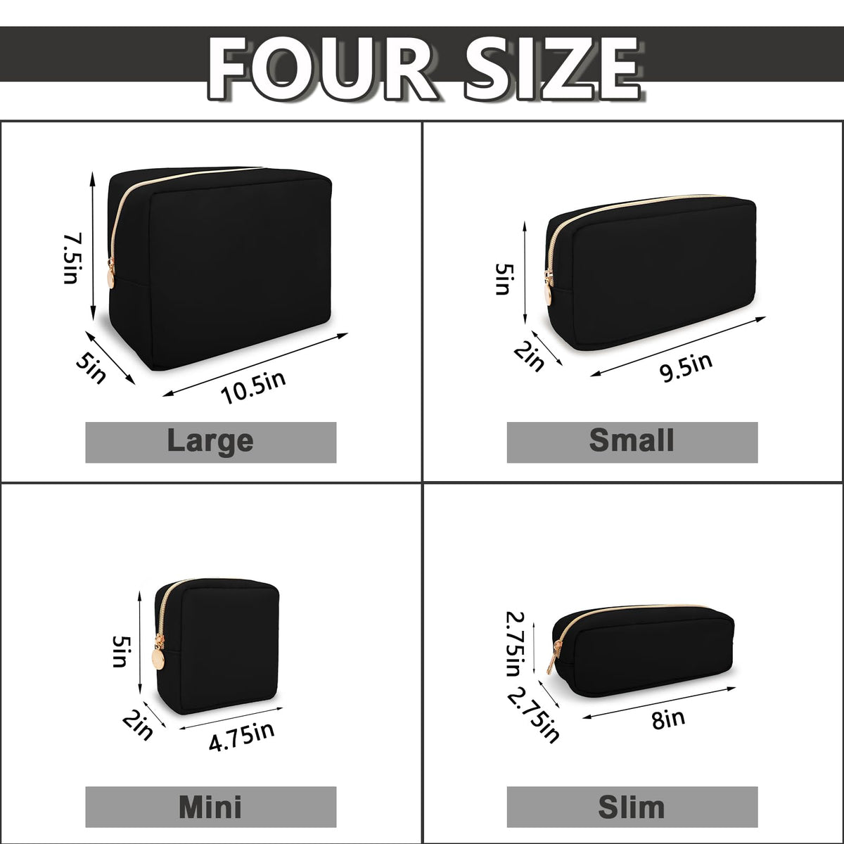 UIXIZQ Waterproof Small Makeup Pouch for Purse,Nylon Travel Toiletry Storage Pouch Cute Preppy Cosmetic Bag for Women Girl,Waterproof Makeup Organizer Skincare Bag Purse with Zipper(Small-Black)