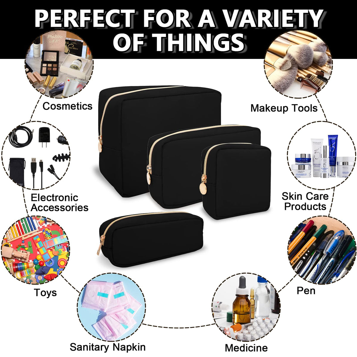 UIXIZQ Waterproof Small Makeup Pouch for Purse,Nylon Travel Toiletry Storage Pouch Cute Preppy Cosmetic Bag for Women Girl,Waterproof Makeup Organizer Skincare Bag Purse with Zipper(Small-Black)