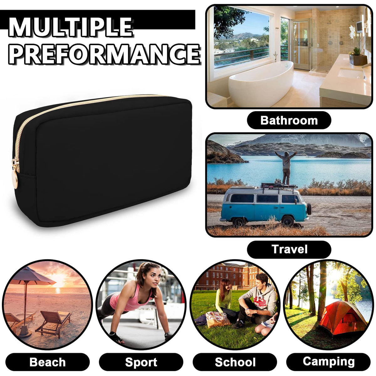 UIXIZQ Waterproof Small Makeup Pouch for Purse,Nylon Travel Toiletry Storage Pouch Cute Preppy Cosmetic Bag for Women Girl,Waterproof Makeup Organizer Skincare Bag Purse with Zipper(Small-Black)