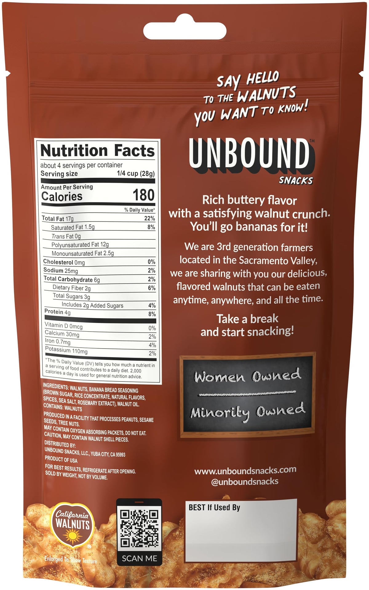 Unbound Snacks Banana Bread Walnuts – 4 Pack, Gluten Free, Vegan, 4g Protein