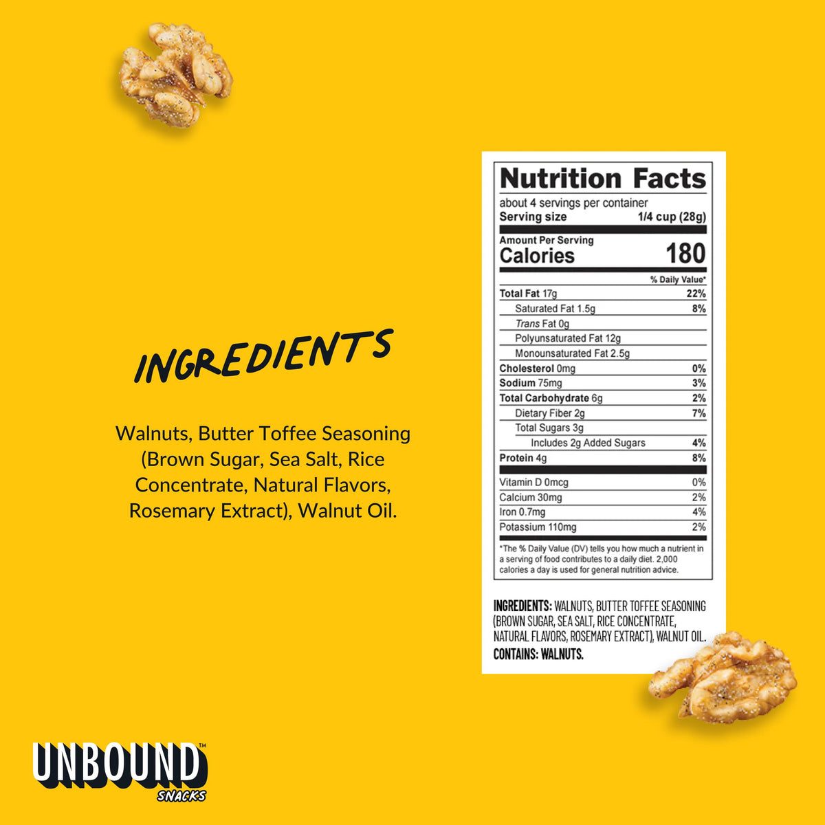 Unbound Snacks Butter Toffee Walnuts, 4 oz x4 – Gluten Free, Vegan, 4g Protein
