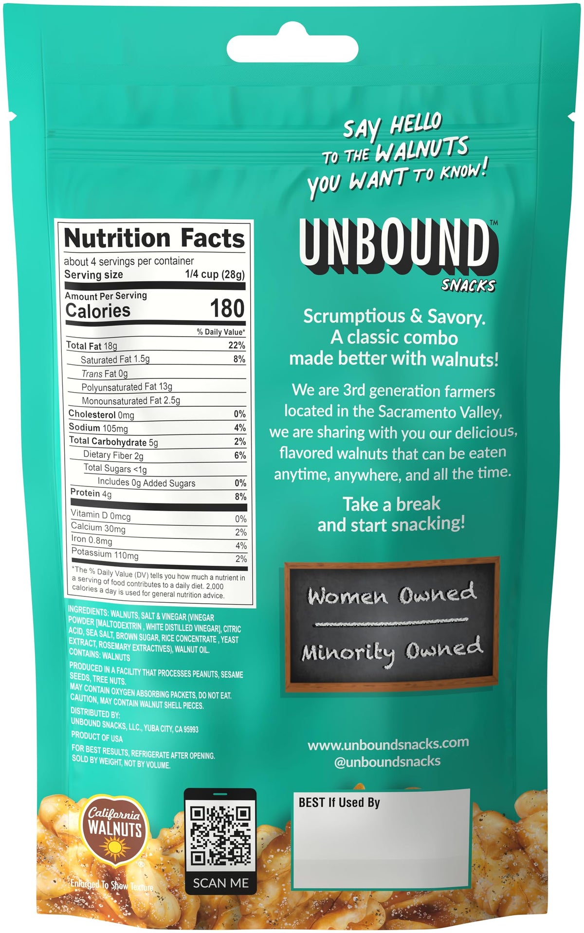 Unbound Snacks Sea Salt & Vinegar Walnuts – Pack of 4, Gluten Free, Vegan, 4 g Protein, 1 g Sugar