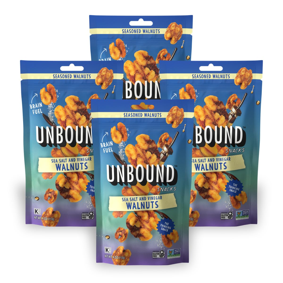 Unbound Snacks Sea Salt & Vinegar Walnuts – Pack of 4, Gluten Free, Vegan, 4 g Protein, 1 g Sugar