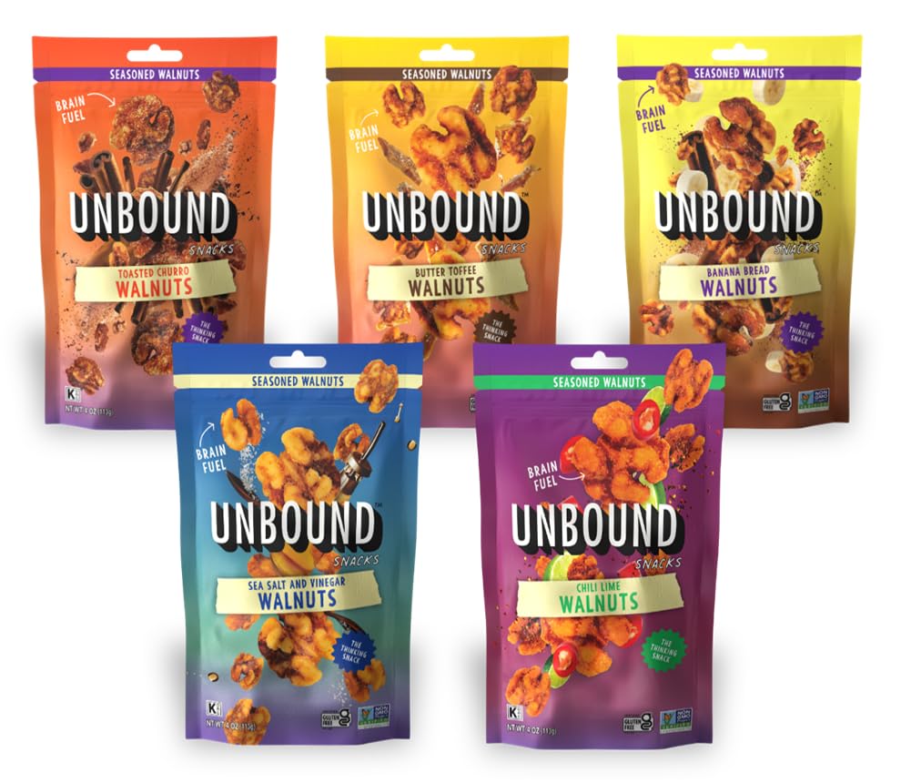 Unbound Snacks Flavored Walnut Sampler — Variety Pack (4 oz x5)