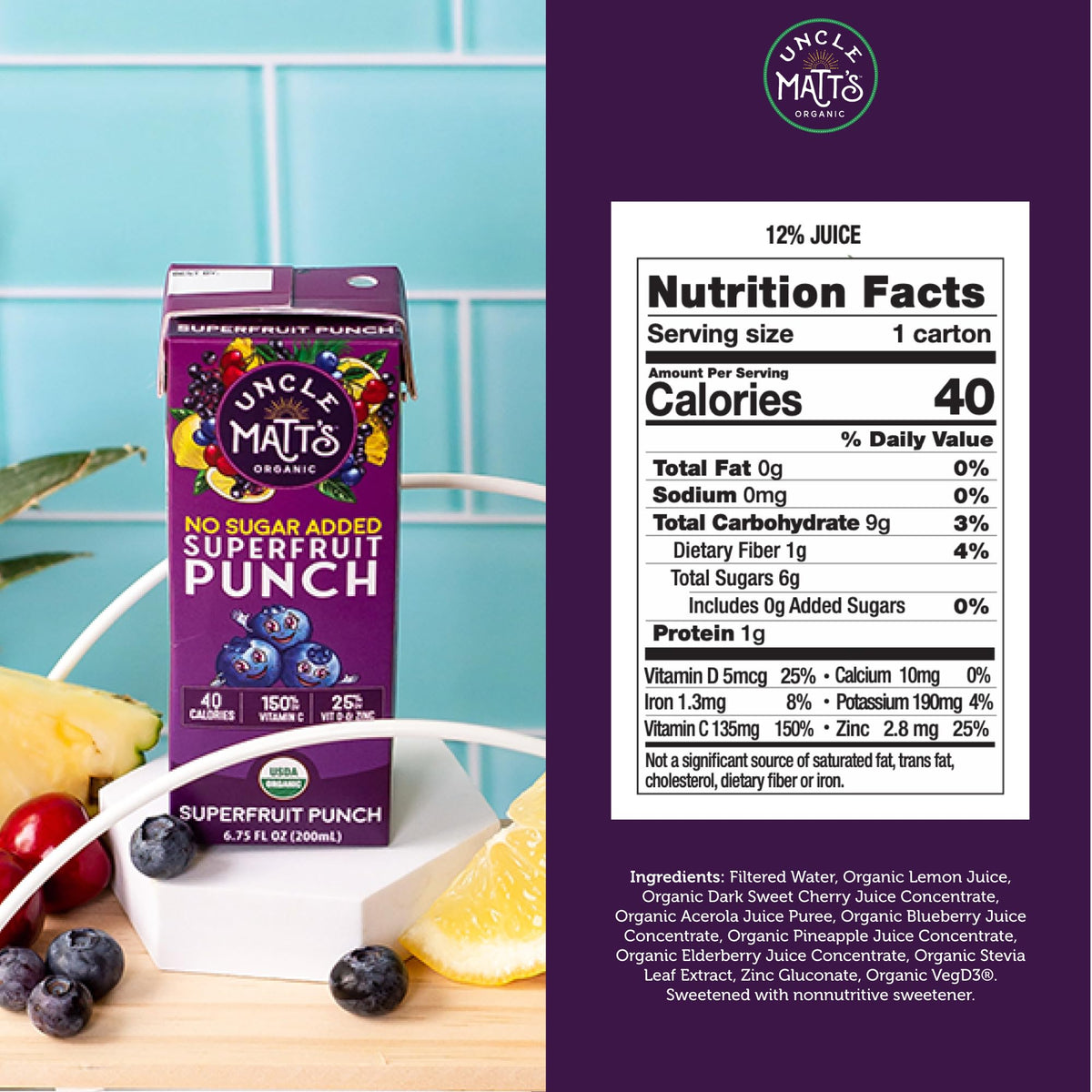 Uncle Matt’s Organic No Sugar Added Superfruit Punch Juice Boxes – 32 Pack, 40 Calories, Vitamins C, D & Zinc
